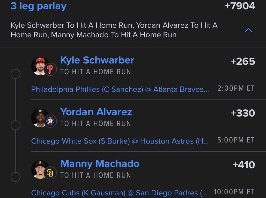 BetWithMaya_'s tweet photo. 3 power hitters. 3 nukes needed. 💣 Schwarber, Yordan, and Machado to clear the fence at +7904. Let’s cash this lotto ticket! 📈⚾️ 

@Playbook https://t.co/P5jvXqYW6b