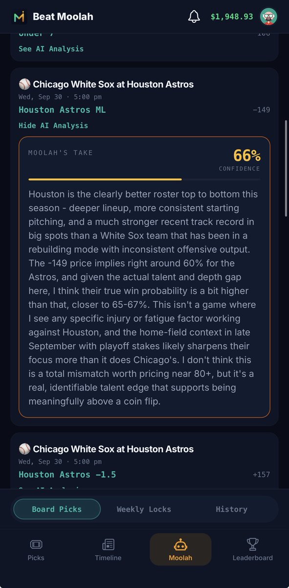 BeatMoolah's tweet photo. New custom Avatars and a complete UI overhaul update coming soon. 

Updated bot research for more in depth analysis and better performance.

See the AI bot’s picks and performance completely free. See line change movement, bot analysis, and confidence % for every matchup.

Link to app in bio

#sportsbetting #nflbets #parlay #Sportspicks #sportshandicapping