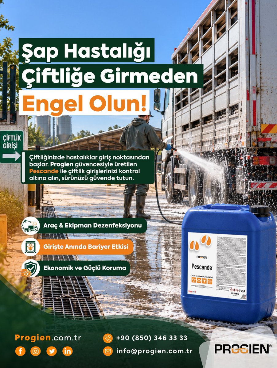 progientr's tweet photo. Şap hastalığı çiftliğe girmeden kapıda durdurun! 🚛🛡️

Salgın hastalıklar genellikle çiftliğe giriş yapan 
 araçlarla ve ekipmanlarla taşınır. Pescande, araç ve ekipman hijyeninde güçlü bir bariyer oluşturarak patojenlerin işletmenize girmesini engeller. https://t.co/sET6s51iAj