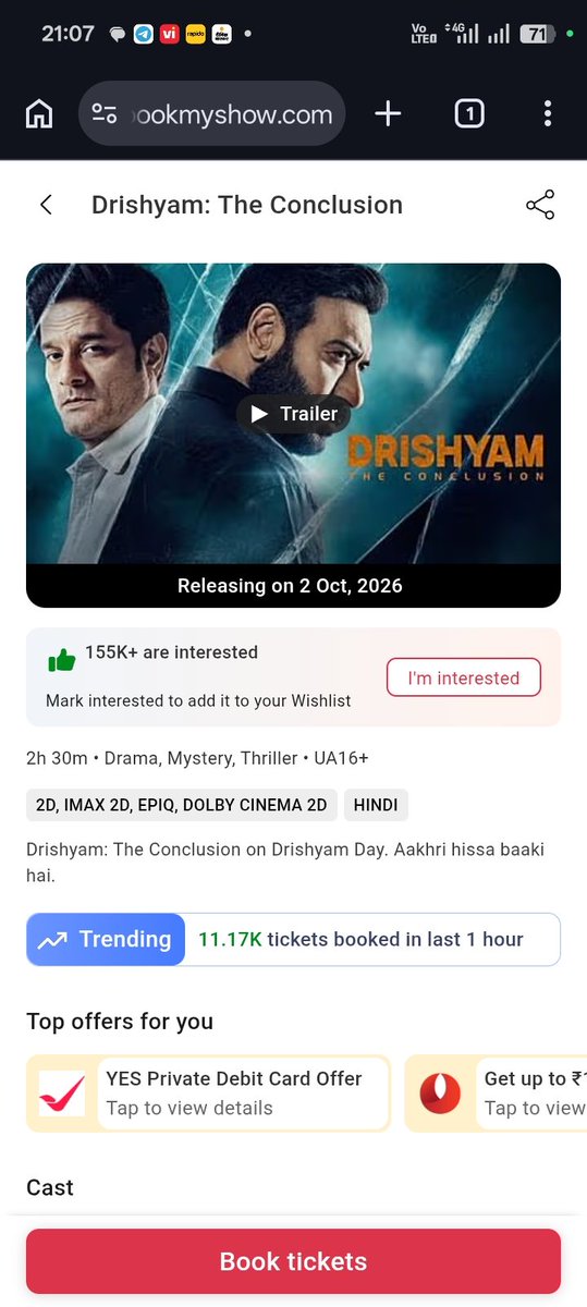 sanjubabaw3's tweet photo. 🚨 DRISHYAM: THE CONCLUSION 🔥
⚡ BMS SPEED NOW 11K+ HOURLY!
📈 MASSIVE MOMENTUM — JUST 36 HOURS TO GO! 🧨
🔥 The craze is getting BIGGER with every hour!
💥 MASSIVE OPENING LOADING!
#DrishyamTheConclusion #Drishyam3 #AjayDevgn #AdvanceBooking #BMS #BoxOffice https://t.co/4qG9lq4Jsn