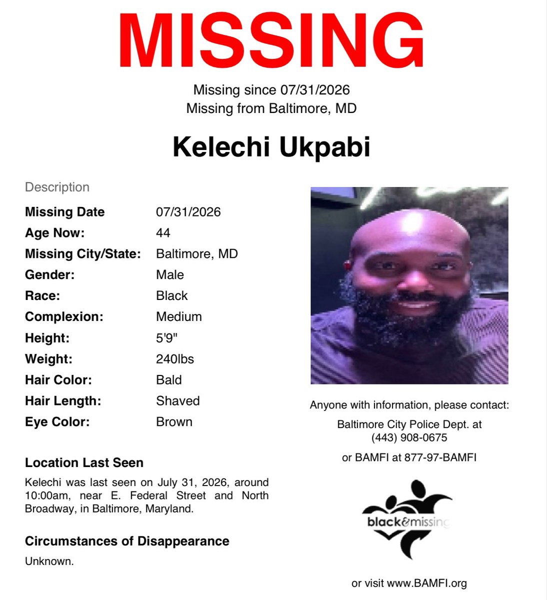 BAM_FI's tweet photo. #Baltimore, #MD: 44y/o Kelechi was last seen on Jul 31, around 10am, near E. Federal St &amp; N Broadway, in a black short sleeve sweatshirt, black jeans, black/gold Nike Airmaxes &amp; a black ball cap.

Have you seen him?

SHARE to #HelpUsFindKelechiUkpabi #HelpUsFindUs #KelechiUkpabi https://t.co/5GwsD6hoBE