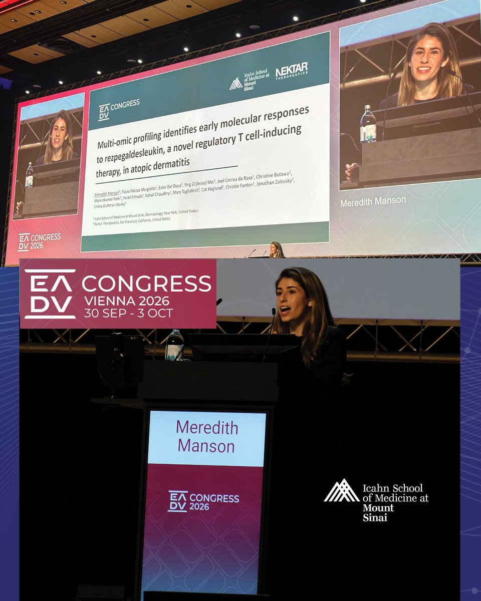 MSHSDerm's tweet photo. 1 of 5(!) of our late breakers, presented by Meredith Manson, med student, EADV Congress 2026 #Vienna— “Multi-omic profiling identifies early molecular responses to rezpegaldesleukin, a novel regulatory T cell-inducing therapy, in atopic dermatitis”@EmmaGuttman @IcahnMountSinai https://t.co/Mplgs4mRsr