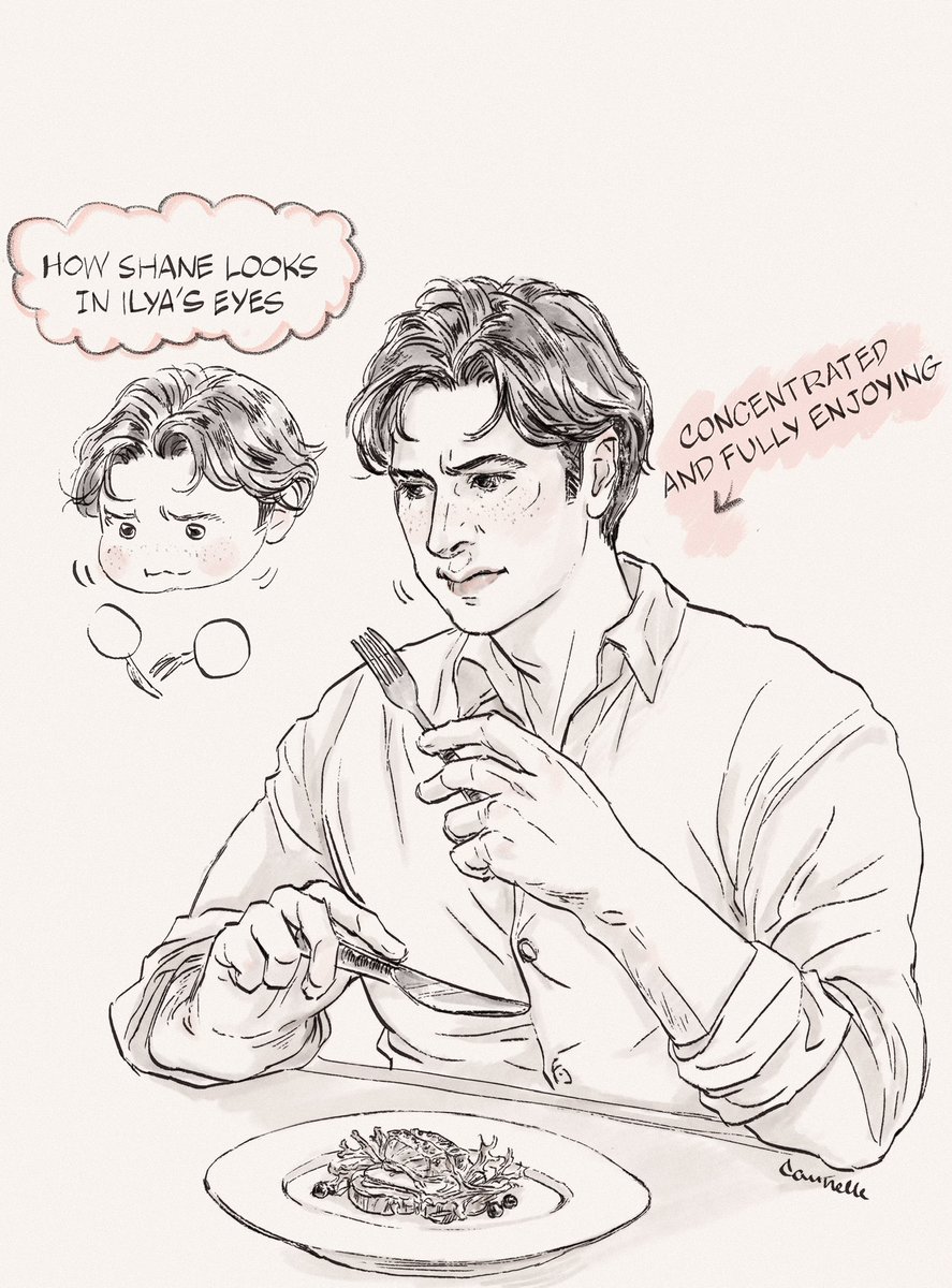 cannelle_lyubov's tweet photo. the restaurant staff finds it odd that their chef is uncharacteristically giggly while looking at this food critic guy like he was the most endearing thing 

#hollanov #heatedrivalryfanart https://t.co/P3TNnTLiji