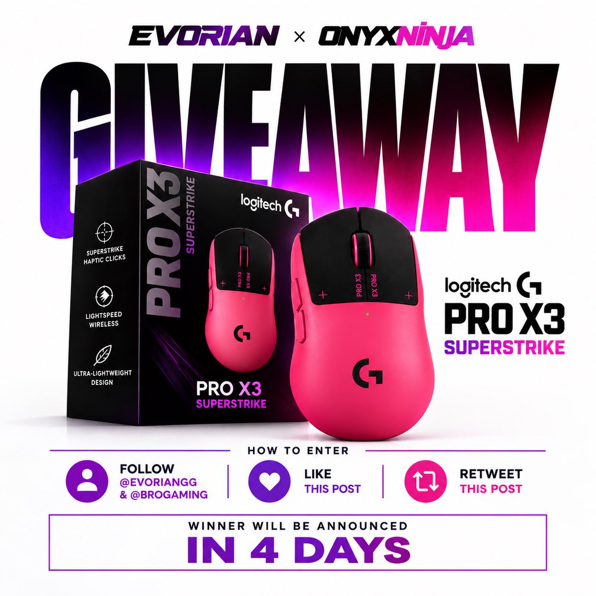 OnyxNinja_ytt's tweet photo. 🎁 WITH MY NEW TEAM we're GIVING AWAY the NEW G PRO X3 SUPERSTRIKE🖱️💜

HOW TO PARTICIPATE:

→ FOLLOW <@OnyxNinja_ytt >  &amp; @evoriangg
→ LIKE THE POST
→ Retweet

🏆 1 WINNER

⏳ The winner will be announced https://t.co/AG0eUM3IAO