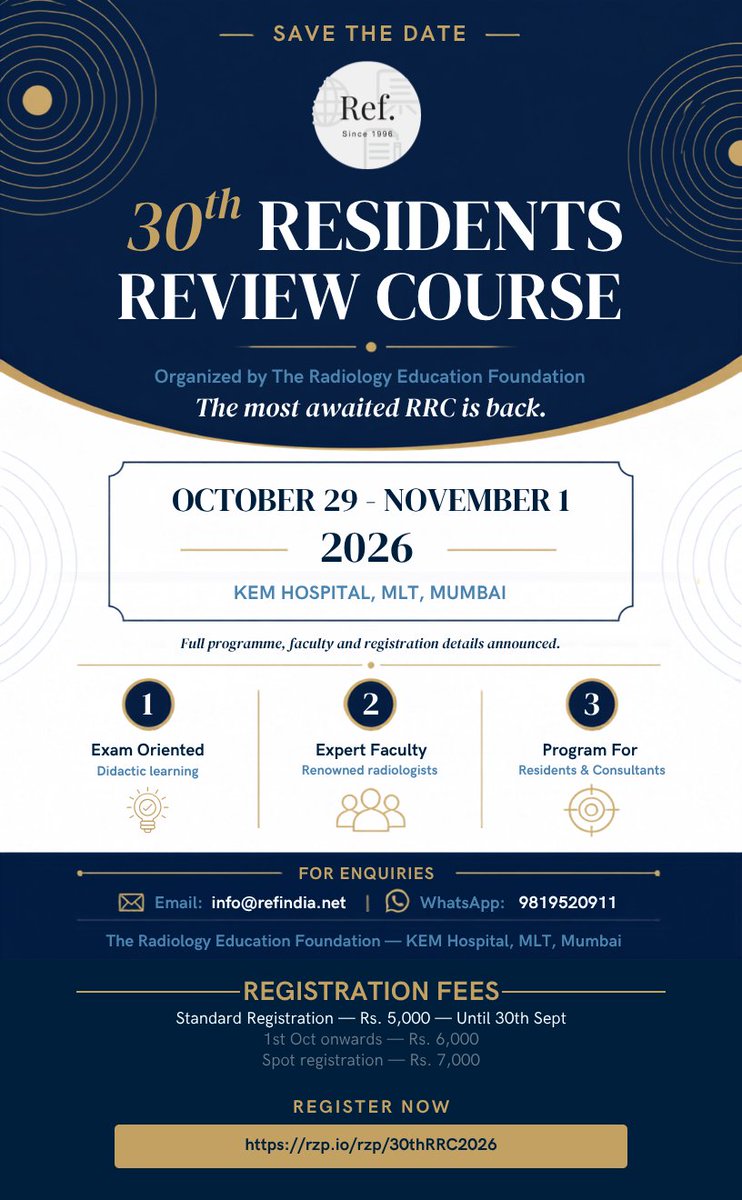 REF_INDIA's tweet photo. LAST CHANCE FOR STANDARD REGISTRATION!

Standard registration for the 30th Residents Review Course (RRC 2026) ends on September 30th!

Fees increase from ₹5,000 to ₹6,000 on October 1st.

Don't miss out, reserve your seat now: https://t.co/Or8ckyYEL4 https://t.co/odpBJwSIfS