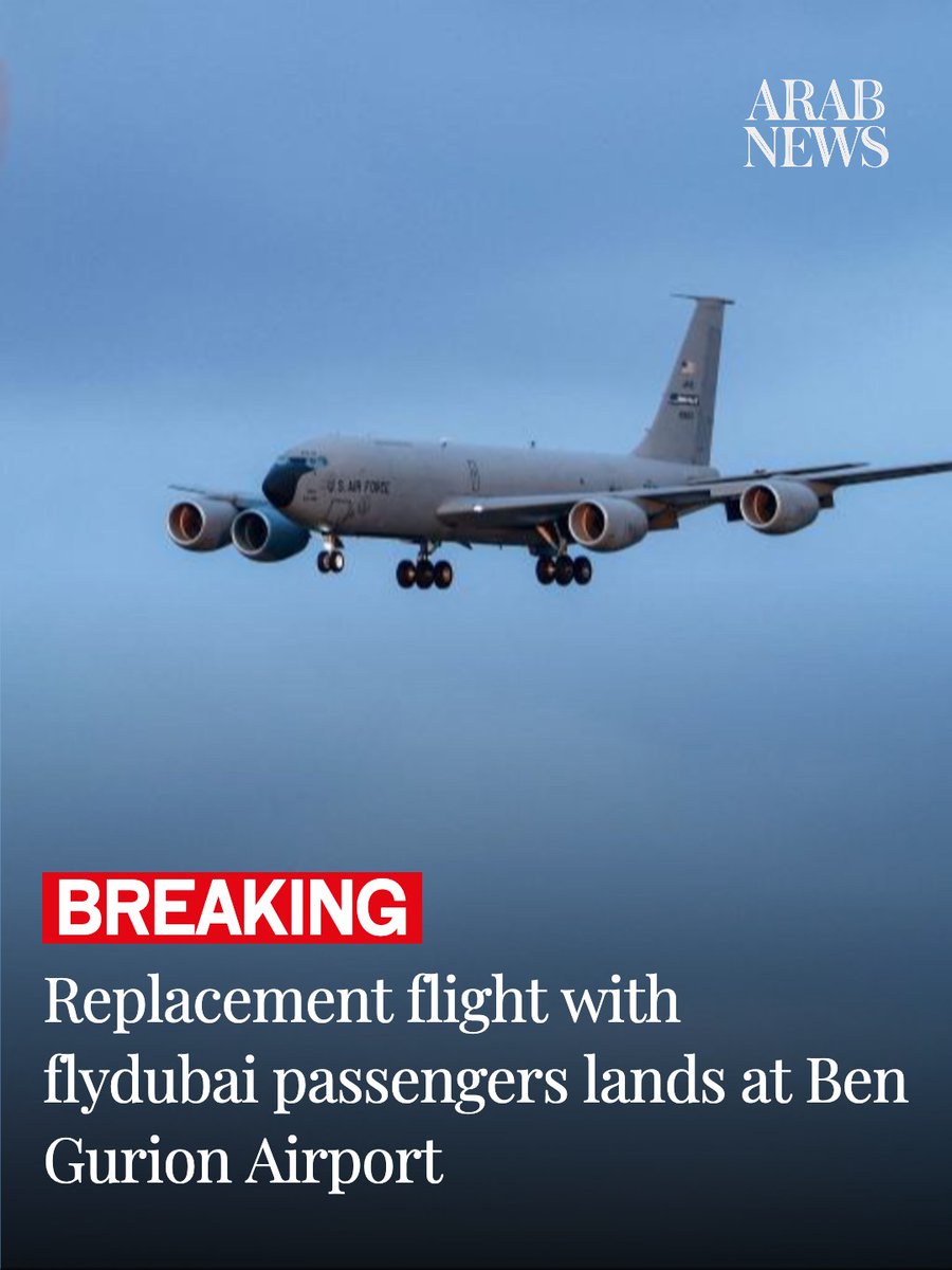 arabnews's tweet photo. 🔴 BREAKING: @flydubai's replacement flight lands at Ben Gurion Airport, with reports saying two Israeli Air Force fighter jets escorting the plane as it landed https://t.co/9CWoKpf6vv https://t.co/HxuFO0f9eW