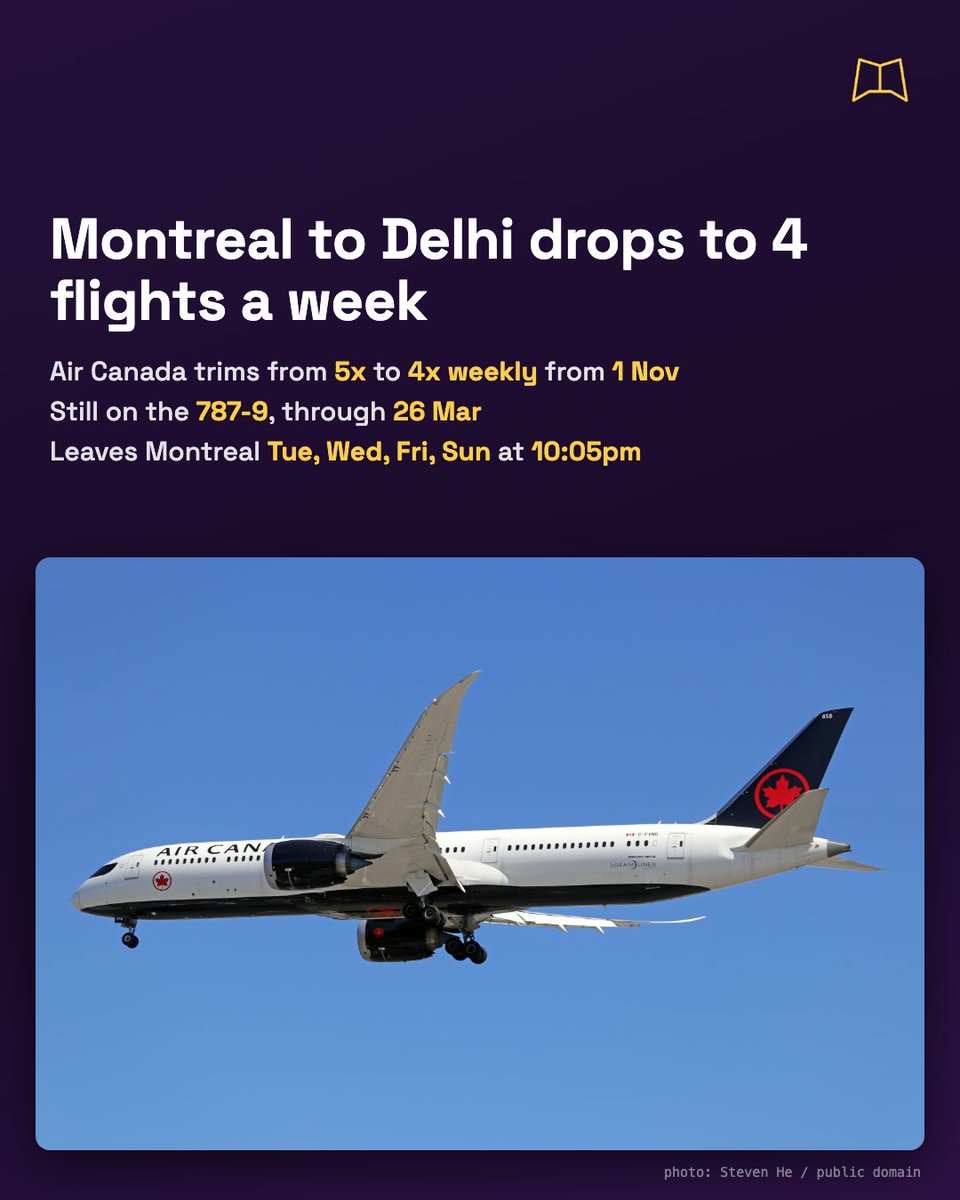 MagnifyClub's tweet photo. Air Canada cuts Montreal to Delhi from 5 to 4 flights a week between 1 Nov and 26 Mar, still on the 787-9. Montreal departures now run Tuesday, Wednesday, Friday and Sunday at 10:05pm. https://t.co/l6i42kKmTI