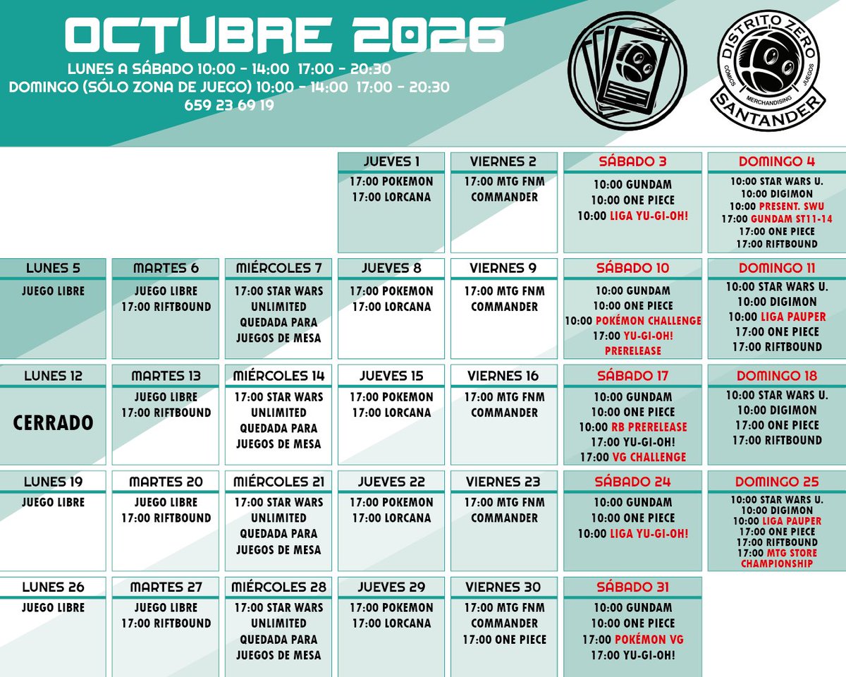 DistritoZer0's tweet photo. 📅 ¡EMPIEZA OCTUBRE Y EN DISTRITO ZERO YA ESTAMOS PREPARADOS! 🎴🔥

Un nuevo mes lleno de torneos, eventos, presentaciones, mucho TCG y Juegos de mesa! 💥
Ya tienes disponibles nuestros calendarios de octubre con todo lo que tenemos preparado en nuestras tiendas.
POST 1:
📍Valladolid
📍Cabezón de la Sal
📍Santander
📍Torrelavega
POST 2:
📍Vitoria-Gasteiz 
📍Bilbao 
📍Bilbao Zentro
📍Tolosa