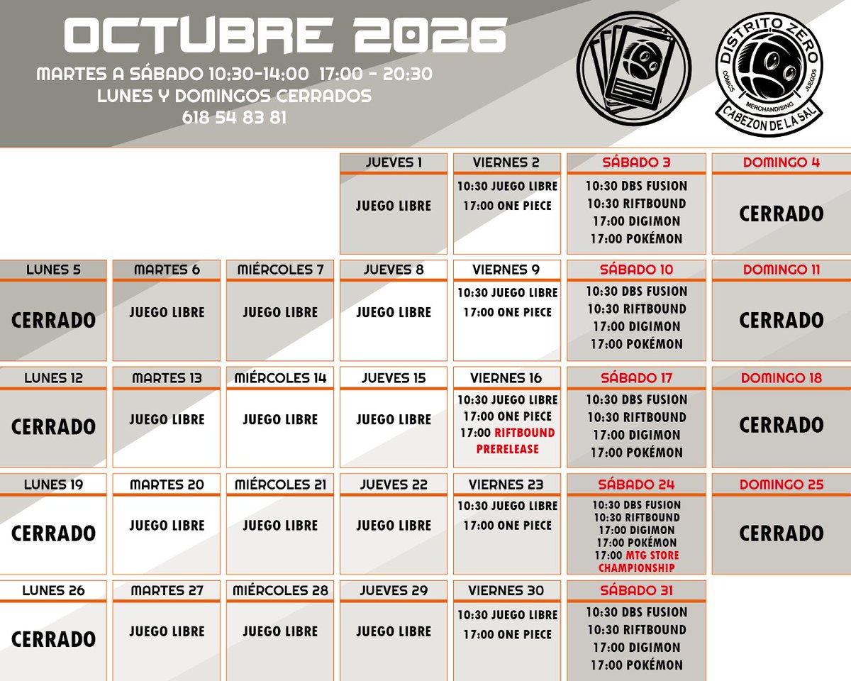 DistritoZer0's tweet photo. 📅 ¡EMPIEZA OCTUBRE Y EN DISTRITO ZERO YA ESTAMOS PREPARADOS! 🎴🔥

Un nuevo mes lleno de torneos, eventos, presentaciones, mucho TCG y Juegos de mesa! 💥
Ya tienes disponibles nuestros calendarios de octubre con todo lo que tenemos preparado en nuestras tiendas.
POST 1:
📍Valladolid
📍Cabezón de la Sal
📍Santander
📍Torrelavega
POST 2:
📍Vitoria-Gasteiz 
📍Bilbao 
📍Bilbao Zentro
📍Tolosa