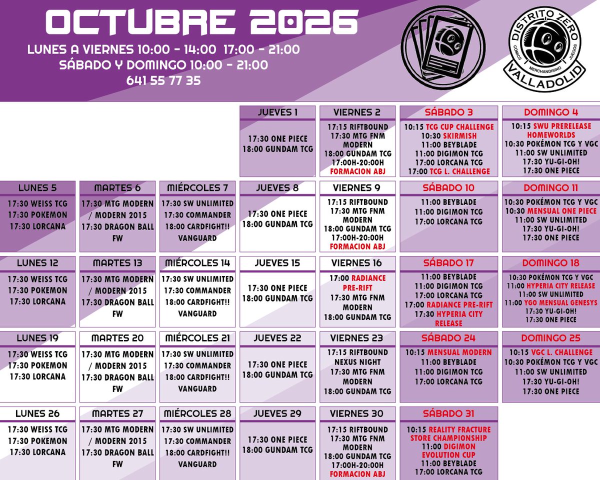 DistritoZer0's tweet photo. 📅 ¡EMPIEZA OCTUBRE Y EN DISTRITO ZERO YA ESTAMOS PREPARADOS! 🎴🔥

Un nuevo mes lleno de torneos, eventos, presentaciones, mucho TCG y Juegos de mesa! 💥
Ya tienes disponibles nuestros calendarios de octubre con todo lo que tenemos preparado en nuestras tiendas.
POST 1:
📍Valladolid
📍Cabezón de la Sal
📍Santander
📍Torrelavega
POST 2:
📍Vitoria-Gasteiz 
📍Bilbao 
📍Bilbao Zentro
📍Tolosa