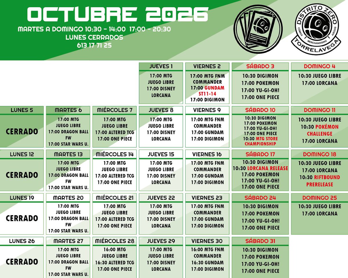DistritoZer0's tweet photo. 📅 ¡EMPIEZA OCTUBRE Y EN DISTRITO ZERO YA ESTAMOS PREPARADOS! 🎴🔥

Un nuevo mes lleno de torneos, eventos, presentaciones, mucho TCG y Juegos de mesa! 💥
Ya tienes disponibles nuestros calendarios de octubre con todo lo que tenemos preparado en nuestras tiendas.
POST 1:
📍Valladolid
📍Cabezón de la Sal
📍Santander
📍Torrelavega
POST 2:
📍Vitoria-Gasteiz 
📍Bilbao 
📍Bilbao Zentro
📍Tolosa