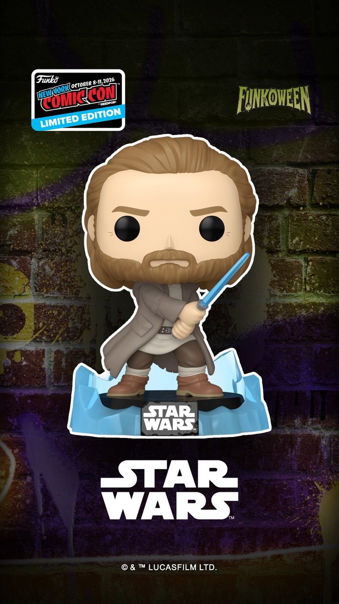 A promotional image for a Funko Pop figure of Obi-Wan Kenobi from Star Wars, featuring a New York Comic Con Limited Edition badge (October 8-11, 2026) and 'Funkoween' branding.