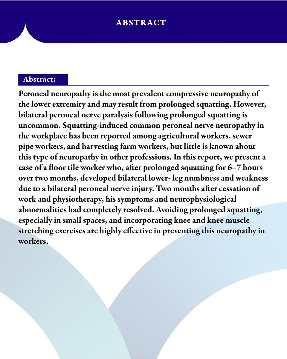 OMJournal's tweet photo. Case report title: "Bilateral Peroneal Nerve Palsy in a Floor Tile Worker Flowing Prolonged Squatting".
To read the full article visit: https://t.co/x4MYxiFx2o https://t.co/iOgkSim4m5