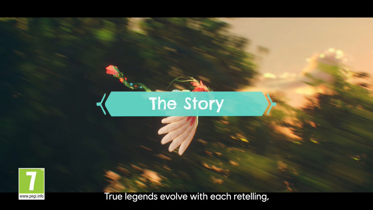 Video game loading screen with a teal banner reading 'The Story' over a blurred image of a winged creature flying through a forest, with PEGI 7 rating and tagline 'True legends evolve with each retelling.'