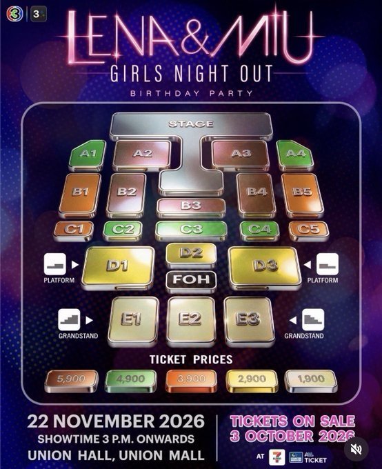 TcketMerchant's tweet photo. 오픈 티켓팅 서비스 | 티켓팅 대행

🇹🇭 LenaMiu 「Girls Night Out」 Birthday Party 방콕

2026년 11월 22일 | Union Hall

일반 예매: 2026년 10월 3일 오후 1시 (방콕 시간)

✔️ 5,900 THB 제외 전 카테��리 가능
✔️ 입장 편의를 위해 본인 AllTicket 계정 및 본인 정보로 직접 구매
✔️ 희망 좌석 확보 실패 시 HTB 수수료 전액 환불
✔️ 해외 팬 환영

신청 방법:
원하는 좌석 카테고리 + 수량 DM

구매 의사 확실하신 분만 연락 주세요.

#LenaMiu #LenaMiuGirlsNightOut #LenaMiuBirthdayParty #GirlsNightOut #ThaiEvent #BangkokEvent #AllTicket #티켓팅 #티켓팅대행