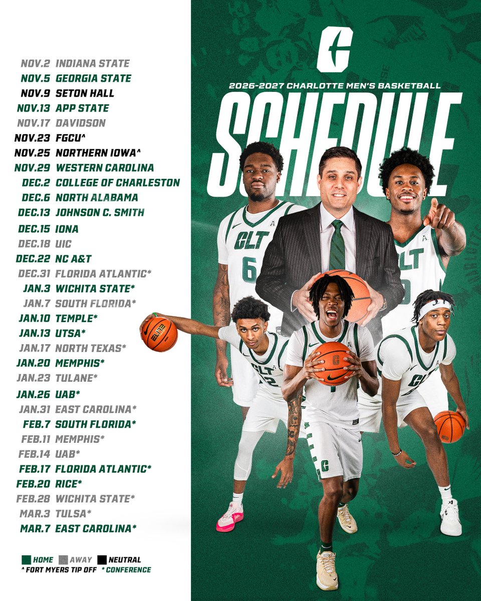 CharlotteMBB's tweet photo. Conference schedule release = full schedule drop 🤩

Introducing our 2026-2027 Men's Basketball Schedule. Come join the action in Halton Arena all season long!

📰 https://t.co/q4HgOMOvme
🎟️ https://t.co/pMqtI1tikr https://t.co/b3N3CGHYZn