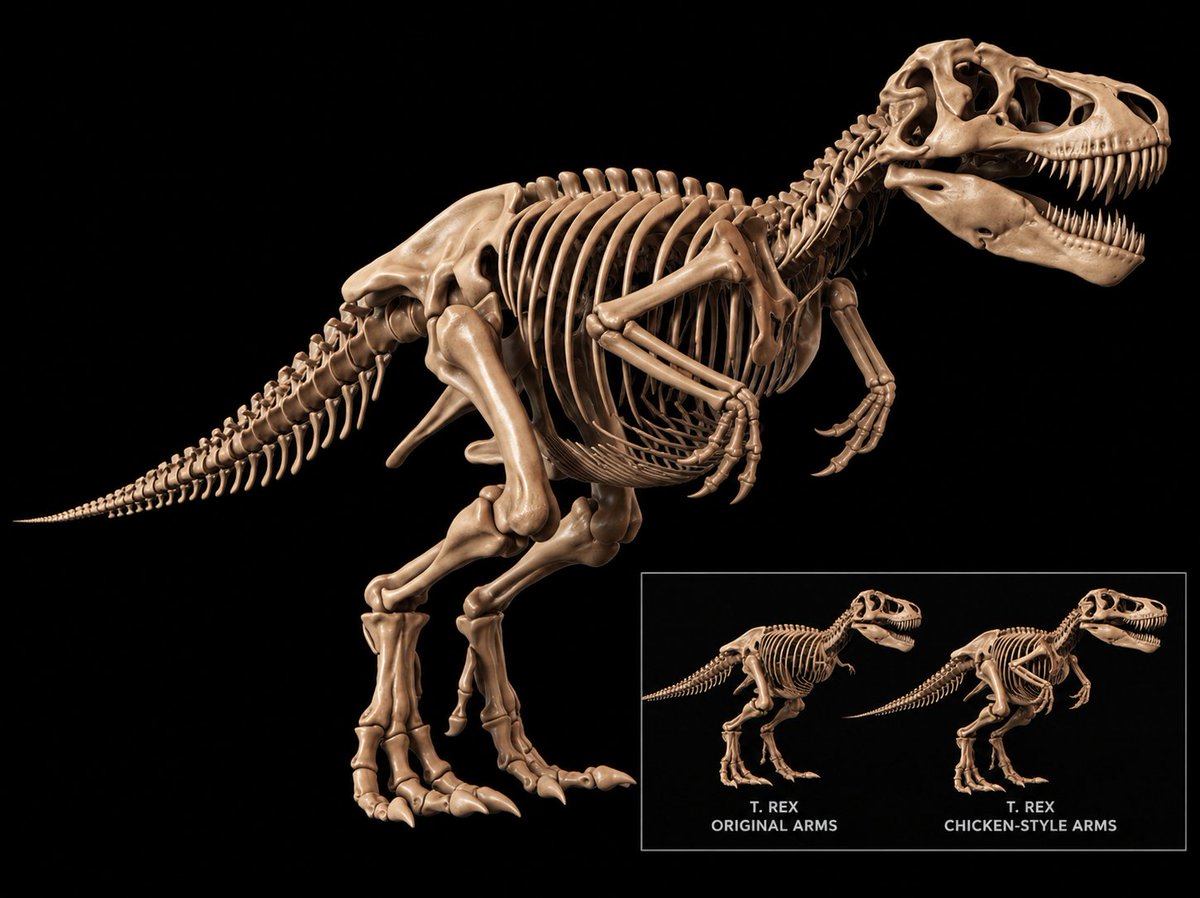 IceMaster_T's tweet photo. Okay here me out. The T-Rex didnt have little baby arms. That makes 0 sense

The person who assembled the skeleton put a few bones in the wrong spot

I had AI move the bones to be more like a chicken

T-rex's were Dragons. End of story.
@samtripoli @My_TeslaModelS @RjNol

#dragon https://t.co/yYX7LRFPXf