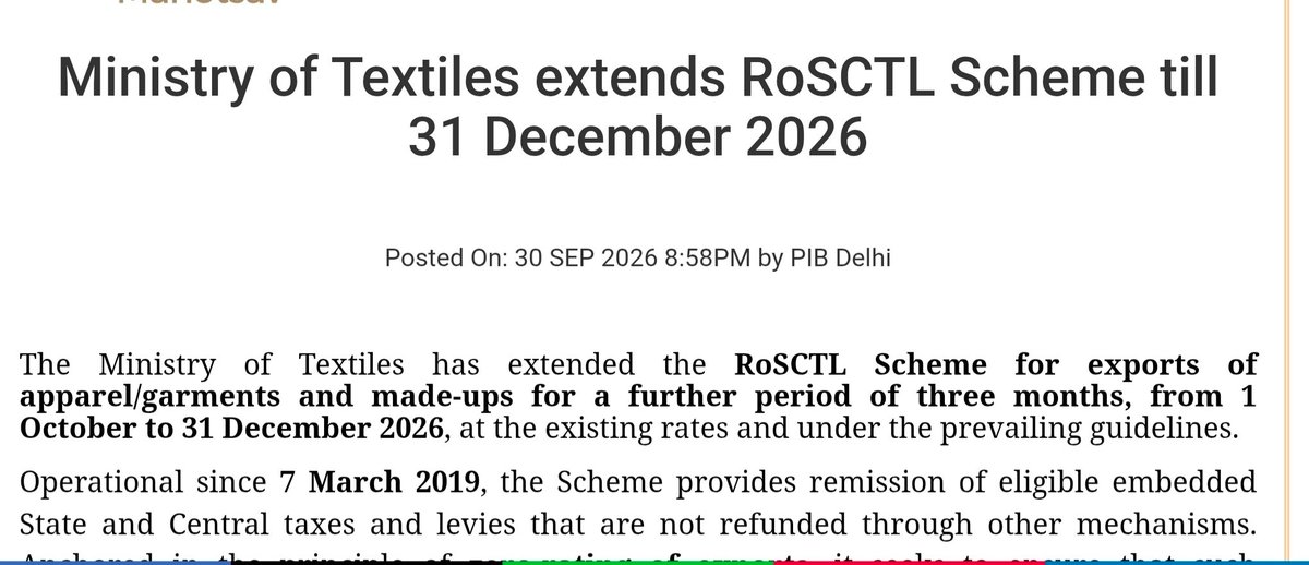 PIBTextiles's tweet photo. Ministry of Textiles extends RoSCTL Scheme till 31 December 2026.
Read More: https://t.co/M6IcFzf1bx 
@girirajsinghbjp @PmargheritaBJP @TexMinIndia @PIB_India https://t.co/XD2lYgJs0D