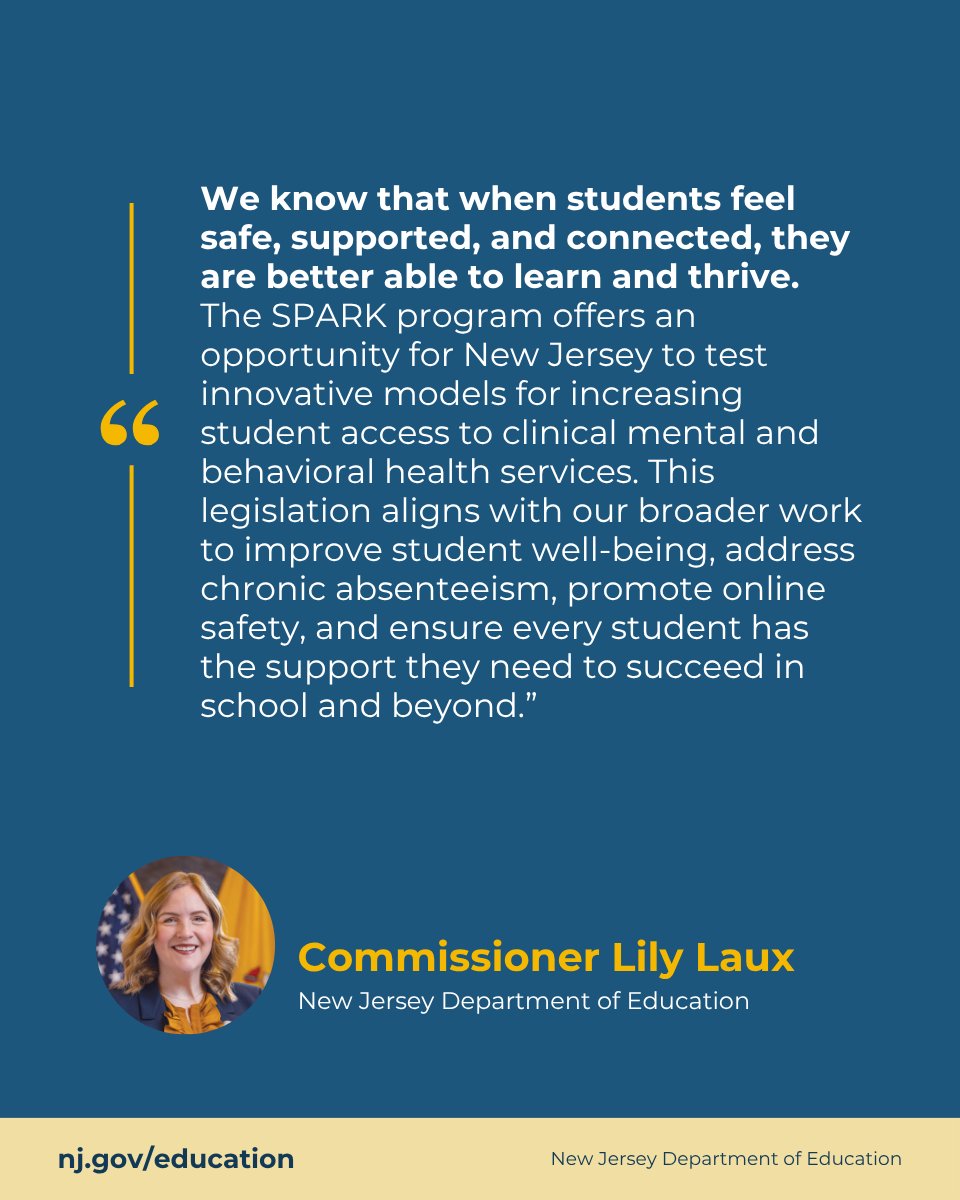 NewJerseyDOE's tweet photo. New Jersey is expanding mental health and wellness supports for students, families, and educators this school year. Including $125M in statewide investments and the launch of the SPARK pilot program to strengthen school based access to care. Learn more: https://t.co/BlzCy15ATj https://t.co/yugiiNIhJP