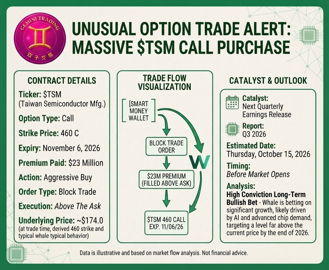 🚨 Flow #48: $TSM $23M call 🧵
📋 CARD:
• $TSM Nov 6 $460 CALL
• $23M, filled ABOVE ASK (serial max!)
• Underlying 