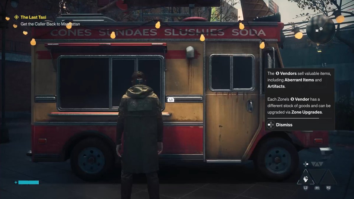 A player character stands before a weathered food truck advertising "CONES SUNDAES SLUSHIES SODA" in a quest titled "The Last Taxi - Get the Caller Back to Manhattan," while an on-screen tutorial explains that "O Vendors sell valuable items, including Aberrant Items and Artifacts."

The image's juxtaposition of an ordinary mundane ice cream truck with the eldritch, fourth-dimensional commentary from "otherworldly allies" reinforces the game's signature blend of bureaucratic weirdness and cosmic horror.