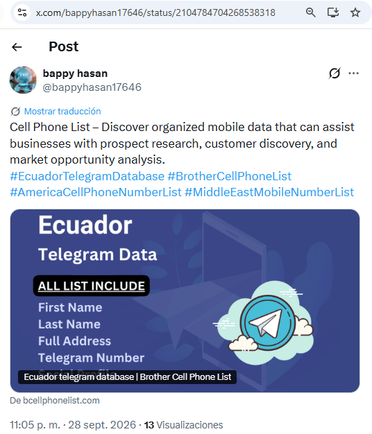 usuariosdigital's tweet photo. #AlertaDigitalEC
Actor malicioso ofrece bases de 1 millón de números de teléfono celular "verificados" de usuarios de @Telegram de #Ecuador, incluyendo nombres, apellidos y dirección #ProtecciónDatosEC cc @EcuCERT_EC https://t.co/kGjoMeaVs9