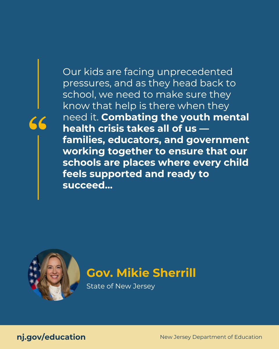 NewJerseyDOE's tweet photo. New Jersey is expanding mental health and wellness supports for students, families, and educators this school year. Including $125M in statewide investments and the launch of the SPARK pilot program to strengthen school based access to care. Learn more: https://t.co/BlzCy15ATj https://t.co/yugiiNIhJP