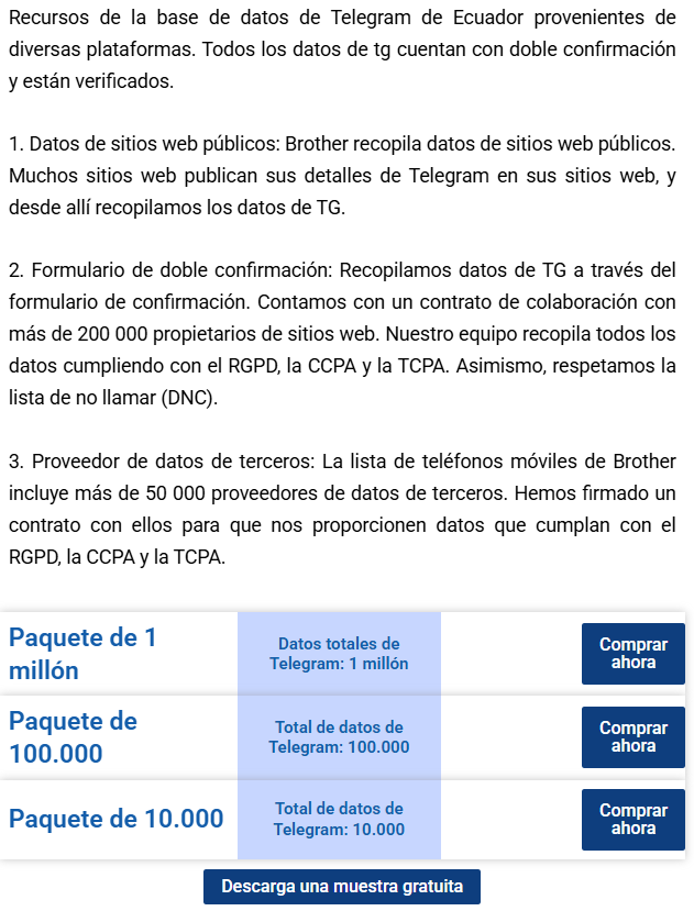 usuariosdigital's tweet photo. #AlertaDigitalEC
Actor malicioso ofrece bases de 1 millón de números de teléfono celular "verificados" de usuarios de @Telegram de #Ecuador, incluyendo nombres, apellidos y dirección #ProtecciónDatosEC cc @EcuCERT_EC https://t.co/kGjoMeaVs9