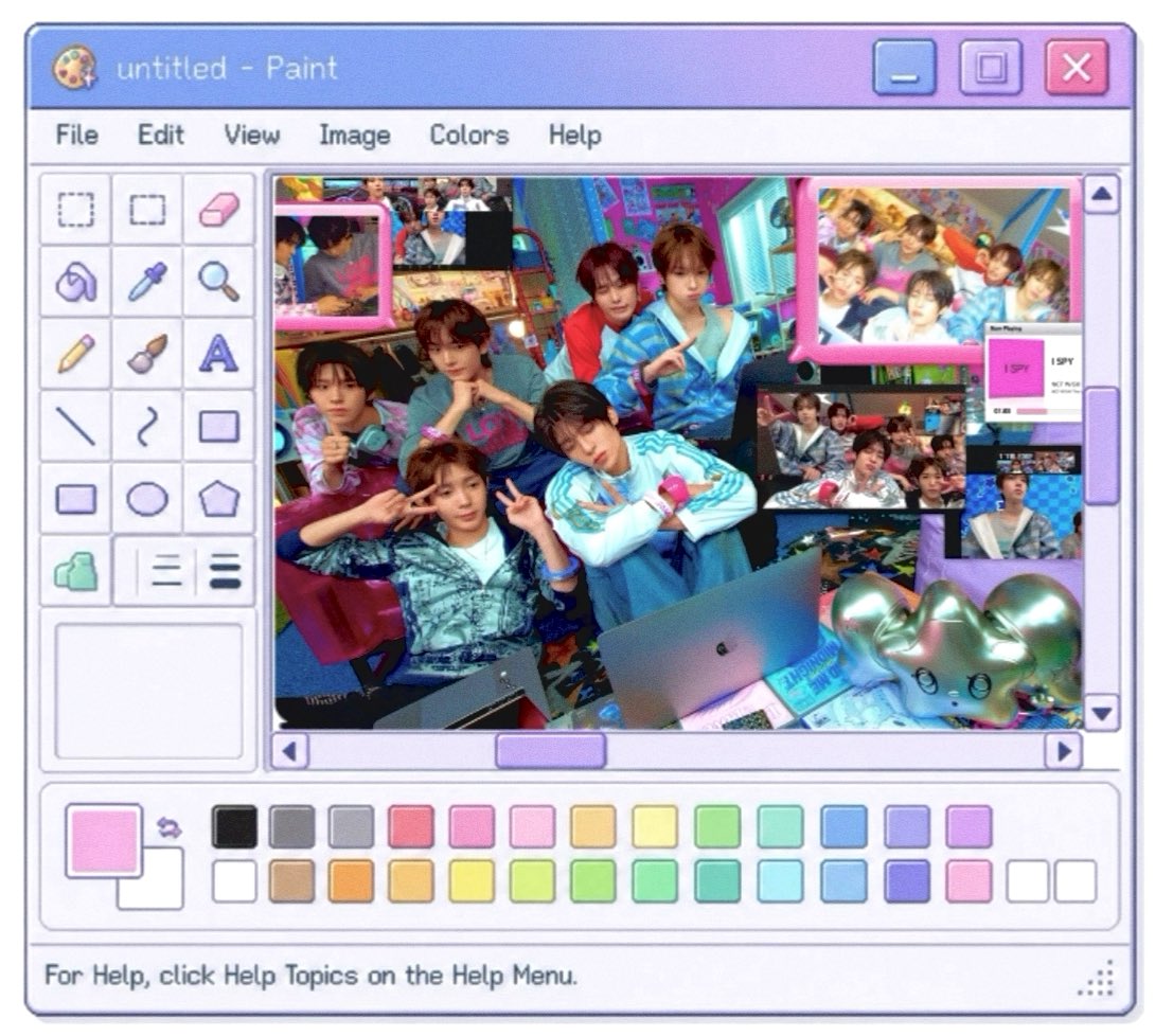 A digital illustration styled after the classic Microsoft Paint interface, featuring a group photo of a K-pop boy band (NCT WISH) and various smaller images within the canvas.