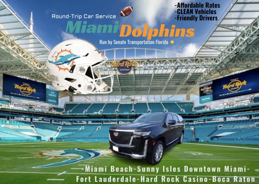 SenateTransport's tweet photo. Book your AFFORDABLE Round-Trip Car Service to Hard Rock Stadium from (6) separate locations throughout the #Miami area:🐬#PhinsUp
#MiamiBeach #SunnyIsles #DowntownMiami #HollywoodFL #BocaRaton #FortLauderdale
⭐️⭐️⭐️⭐️#TripAdvisor🦉
Book Online:💻
https://t.co/k7YqMMusv6 https://t.co/WLHNci708J