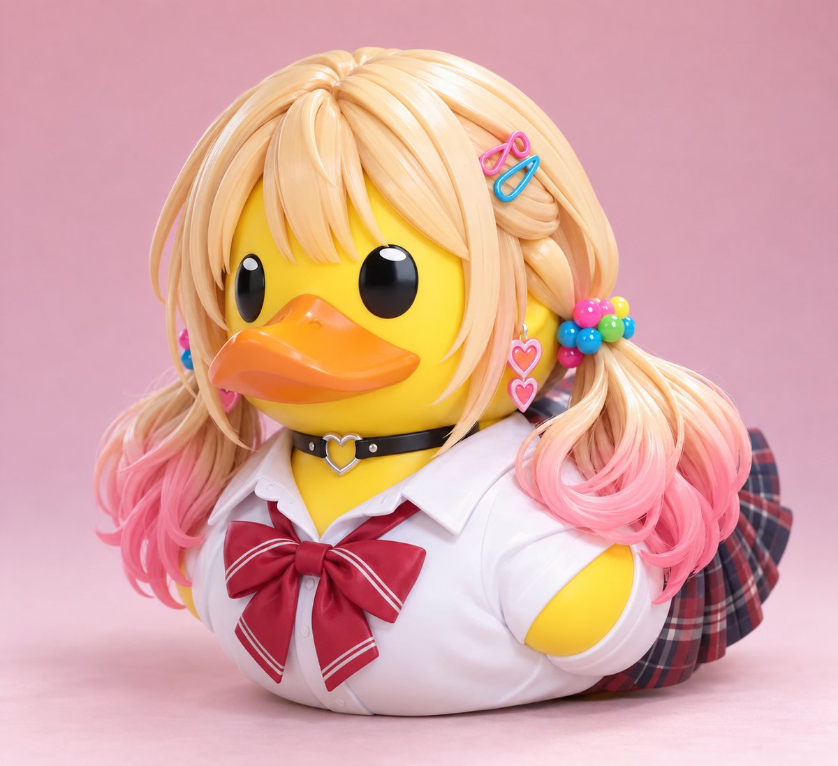TSuga5795's tweet photo. 【ラバーダック風フィギュアプロンプト公開🦆】
#tsugaプロンプト

皆さんチンチコール✋✨💕

今日は自分のオリジナルキャラクターをラバーダック風フィギュアに出来るプロンプトを公開します🦆✨

うちのアザティーちゃんと美門ちゃんも可愛く仕上がりました💘

ぜひ遊んでみてね🦆💕

【プロンプト】
参照画像の人物またはキャラクターの識別要素を反映し、一般販売されている標準的なダック型コレクタブルフィギュアの造形文法で、かわいく高品質なラバーダック型PVCフィギュアを1体生成する。重要なのは、「参照画像の人物やキャラクター本人がアヒル化した姿」ではなく、「丸いダック型コレクタブル素体が、参照画像の人物またはキャラクターのコスプレをしている姿」であること。

参照画像は、人物またはキャラクターの識別に必要な要素を決定するために使用する。反映対象は、髪型、髪色、前髪の流れ、アクセサリー、衣装、配色、小物、雰囲気、キャラクターらしさなどの視覚的特徴とする。一方で、参照画像の背景、構図、文字、レイアウト、ポーズ、白背景、キャラクターシート構成、説明要素などは継承しない。継承するのはあくまで被写体の本人性・キャラクター性を識別するための外見情報のみとする。

フィギュア全体は、量産販売されている高品質な塗装済みPVCコレクタブル玩具として成立する見た目にする。実在のアヒルや鳥ではなく、あくまで商品フィギュアとしてのラバーダックであること。ぬいぐるみ感ではなく、なめらかな成形プラスチック感、適度な光沢、整った塗装仕上げ、高級感のあるPVCコレクタブルらしい質感にする。

全体のシルエットは、低く丸く横幅のある、ずんぐりしたラバーダック型とする。頭部と胴体は一体感のある卵形・球形ベースで構成し、人間のような首、肩、胸郭、くびれ、長い脚、長い腕、人間的な胸の膨らみは作らない。頭身バランスは完全にダック型コレクタブルフィギュア基準とし、人間型フィギュアや美少女フィギュアのような体型にはしない。

顔は必ず黄色いアヒル顔をベースにし、人間の鼻、唇、顎、耳などは作らない。キャラクター性は、人間顔の再現ではなく、髪型、髪色、衣装、アクセサリー、眉、配色、小物などで表現する。目はこのフィギュアらしさを決定づける最重要要素として固定し、大きめの黒い楕円形または縦長カプセル形の黒目とする。目の大部分は黒で構成し、それぞれの目に小さな白いハイライトを少しだけ入れる。色付きの虹彩、瞳孔、大きな白目、アニメ的な美少女の瞳表現は禁止する。目はシンプルで無機質寄りだが可愛らしい、市販コレクタブルフィギュアらしい黒目にする。

嘴は横に広く、少し平たく、丸みがあり、前方へしっかり張り出したオレンジ色のダックビルとする。嘴の形は安定感のある記号的造形にし、基本的に口は閉じた状態とする。大きく口を開けた笑顔、人間的な口元表現、歯や舌の強調は避ける。感情表現やキャラクター性は、口ではなく、目の角度、眉の形、髪の流れ、アクセサリー、衣装、小物で表現する。

胴体は丸く膨らんだ一体成形のラバーダックボディとする。人物またはキャラクターが女性であっても、人間的な胸の膨らみ、ウエストのくびれ、人体的な骨格は作らない。衣装は人体に着せる服ではなく、丸いダックボディに合わせて再設計されたコスプレ衣装として表現する。つまり、服を着た人間の胸像ではなく、ダック型素体の上にコスプレ衣装が乗っているように見せる。

腕は人間の腕や手ではなく、短い翼・フリッパー状の付属肢として表現する。細かい指や人間的な手の構造は作らない。必要であれば小物を持たせてもよいが、ベースはあくまでアヒルの翼であること。脚も長く人間的にはせず、最小限の簡略化された足元表現に留める。靴や靴下などを反映する場合も、人体比率にはせず、コレクタブルフィギュアとしての簡略化されたデザインにする。

髪はリアルな毛髪ではなく、PVCフィギュア用に彫刻された立体的な髪パーツとして表現する。毛束は太めで整理され、成形プラスチックとして自然な束感にする。髪型そのものは参照画像の識別要素として反映してよいが、常にダック型コレクタブル素体の上に載る髪パーツとして処理する。衣装やアクセサリーも参照画像の特徴をしっかり反映してよいが、全体として「丸いダック素体の上にコスプレ要素が乗っている構造」を崩さないこと。

構図は固定で、フィギュア1体を主役として、やや斜め前から見た3/4ビューで撮影する。真正面ではなく、顔、嘴、髪、衣装、立体感が一度に分かる自然な斜め前アングルにする。フィギュアは中央に大きく見せ、商品写真として分かりやすい構図に整理する。

背景はシンプルで清潔感のある無地またはやさしい単色背景とし、白、クリーム、淡いピンク、ライトグレーなどの背景が似合う。背景はフィギュアを引き立てるために簡潔に保ち、余計な情報は入れない。全体は、実際に販売されている高品質な塗装済みPVCコレクタブル玩具の商品写真または高品質商品レンダーのように仕上げる。フィギュア表面にはやわらかく上品なハイライトを入れ、かわいさ、清潔感、商品性、コレクタブル感を強く出す。文字、ロゴ、透かし、余計な背景情報は入れない。

【ネガティブ】
人間体型、美少女フィギュア体型、リアルな女性の胸、人体的な肩幅、くびれ、長い脚、長い腕、人間の手指、人間の鼻、人間の唇、人間の顎、人間の耳、リアルな肌、アニメの虹彩、大きな白目、きらきらした瞳、色付きの瞳、開いた口、歯、舌、過剰な笑顔、リアルな鳥、羽毛、ぬいぐるみ、布製玩具感、Funko Pop風、通常の美少女フィギュア、リアルな人物フィギュア、人体胸像、リアルすぎる髪、細かすぎる毛束、複雑すぎる背景、文字、ロゴ、ウォーターマーク、真正面構図