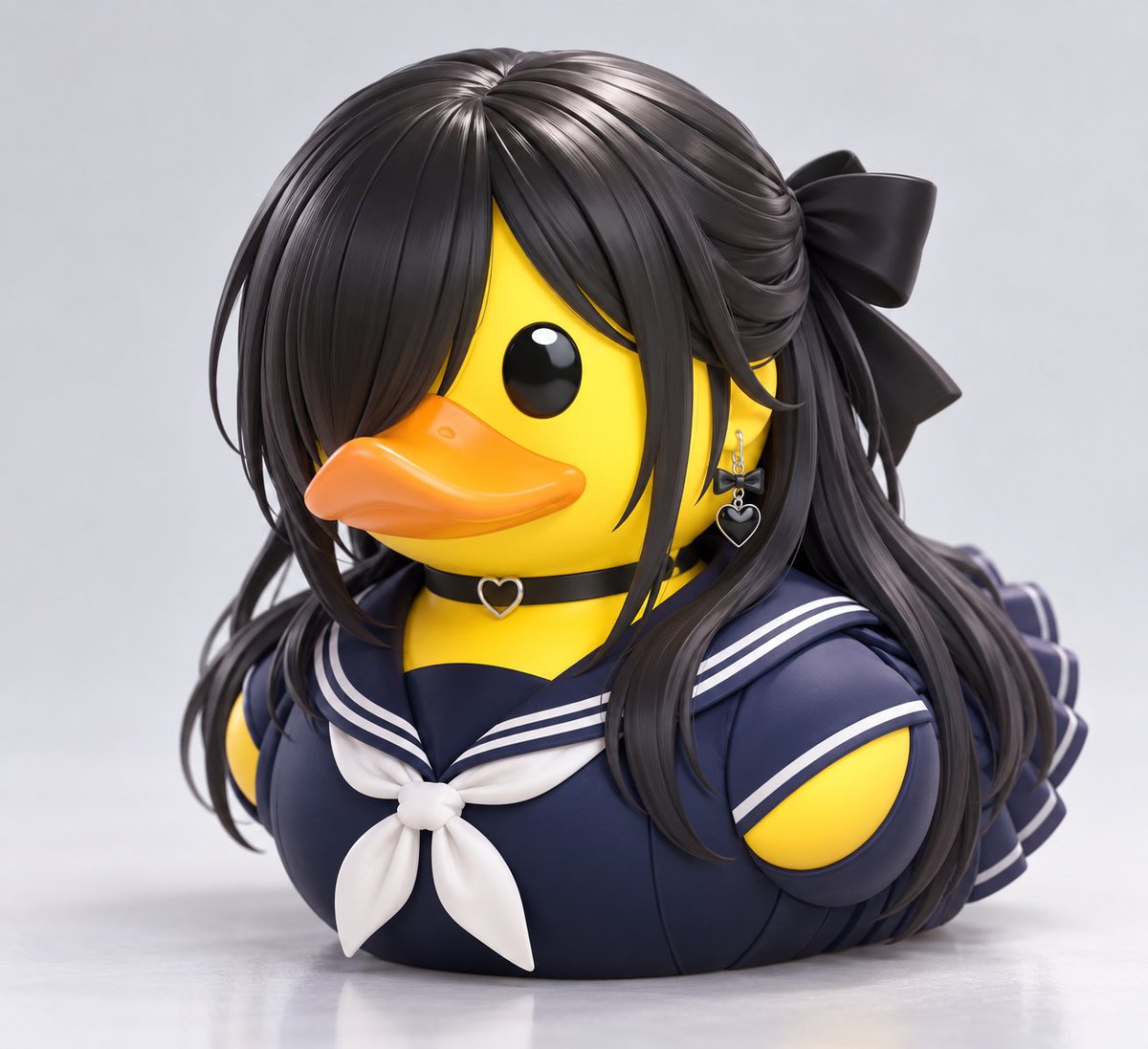 TSuga5795's tweet photo. 【ラバーダック風フィギュアプロンプト公開🦆】
#tsugaプロンプト

皆さんチンチコール✋✨💕

今日は自分のオリジナルキャラクターをラバーダック風フィギュアに出来るプロンプトを公開します🦆✨

うちのアザティーちゃんと美門ちゃんも可愛く仕上がりました💘

ぜひ遊んでみてね🦆💕

【プロンプト】
参照画像の人物またはキャラクターの識別要素を反映し、一般販売されている標準的なダック型コレクタブルフィギュアの造形文法で、かわいく高品質なラバーダック型PVCフィギュアを1体生成する。重要なのは、「参照画像の人物やキャラクター本人がアヒル化した姿」ではなく、「丸いダック型コレクタブル素体が、参照画像の人物またはキャラクターのコスプレをしている姿」であること。

参照画像は、人物またはキャラクターの識別に必要な要素を決定するために使用する。反映対象は、髪型、髪色、前髪の流れ、アクセサリー、衣装、配色、小物、雰囲気、キャラクターらしさなどの視覚的特徴とする。一方で、参照画像の背景、構図、文字、レイアウト、ポーズ、白背景、キャラクターシート構成、説明要素などは継承しない。継承するのはあくまで被写体の本人性・キャラクター性を識別するための外見情報のみとする。

フィギュア全体は、量産販売されている高品質な塗装済みPVCコレクタブル玩具として成立する見た目にする。実在のアヒルや鳥ではなく、あくまで商品フィギュアとしてのラバーダックであること。ぬいぐるみ感ではなく、なめらかな成形プラスチック感、適度な光沢、整った塗装仕上げ、高級感のあるPVCコレクタブルらしい質感にする。

全体のシルエットは、低く丸く横幅のある、ずんぐりしたラバーダック型とする。頭部と胴体は一体感のある卵形・球形ベースで構成し、人間のような首、肩、胸郭、くびれ、長い脚、長い腕、人間的な胸の膨らみは作らない。頭身バランスは完全にダック型コレクタブルフィギュア基準とし、人間型フィギュアや美少女フィギュアのような体型にはしない。

顔は必ず黄色いアヒル顔をベースにし、人間の鼻、唇、顎、耳などは作らない。キャラクター性は、人間顔の再現ではなく、髪型、髪色、衣装、アクセサリー、眉、配色、小物などで表現する。目はこのフィギュアらしさを決定づける最重要要素として固定し、大きめの黒い楕円形または縦長カプセル形の黒目とする。目の大部分は黒で構成し、それぞれの目に小さな白いハイライトを少しだけ入れる。色付きの虹彩、瞳孔、大きな白目、アニメ的な美少女の瞳表現は禁止する。目はシンプルで無機質寄りだが可愛らしい、市販コレクタブルフィギュアらしい黒目にする。

嘴は横に広く、少し平たく、丸みがあり、前方へしっかり張り出したオレンジ色のダックビルとする。嘴の形は安定感のある記号的造形にし、基本的に口は閉じた状態とする。大きく口を開けた笑顔、人間的な口元表現、歯や舌の強調は避ける。感情表現やキャラクター性は、口ではなく、目の角度、眉の形、髪の流れ、アクセサリー、衣装、小物で表現する。

胴体は丸く膨らんだ一体成形のラバーダックボディとする。人物またはキャラクターが女性であっても、人間的な胸の膨らみ、ウエストのくびれ、人体的な骨格は作らない。衣装は人体に着せる服ではなく、丸いダックボディに合わせて再設計されたコスプレ衣装として表現する。つまり、服を着た人間の胸像ではなく、ダック型素体の上にコスプレ衣装が乗っているように見せる。

腕は人間の腕や手ではなく、短い翼・フリッパー状の付属肢として表現する。細かい指や人間的な手の構造は作らない。必要であれば小物を持たせてもよいが、ベースはあくまでアヒルの翼であること。脚も長く人間的にはせず、最小限の簡略化された足元表現に留める。靴や靴下などを反映する場合も、人体比率にはせず、コレクタブルフィギュアとしての簡略化されたデザインにする。

髪はリアルな毛髪ではなく、PVCフィギュア用に彫刻された立体的な髪パーツとして表現する。毛束は太めで整理され、成形プラスチックとして自然な束感にする。髪型そのものは参照画像の識別要素として反映してよいが、常にダック型コレクタブル素体の上に載る髪パーツとして処理する。衣装やアクセサリーも参照画像の特徴をしっかり反映してよいが、全体として「丸いダック素体の上にコスプレ要素が乗っている構造」を崩さないこと。

構図は固定で、フィギュア1体を主役として、やや斜め前から見た3/4ビューで撮影する。真正面ではなく、顔、嘴、髪、衣装、立体感が一度に分かる自然な斜め前アングルにする。フィギュアは中央に大きく見せ、商品写真として分かりやすい構図に整理する。

背景はシンプルで清潔感のある無地またはやさしい単色背景とし、白、クリーム、淡いピンク、ライトグレーなどの背景が似合う。背景はフィギュアを引き立てるために簡潔に保ち、余計な情報は入れない。全体は、実際に販売されている高品質な塗装済みPVCコレクタブル玩具の商品写真または高品質商品レンダーのように仕上げる。フィギュア表面にはやわらかく上品なハイライトを入れ、かわいさ、清潔感、商品性、コレクタブル感を強く出す。文字、ロゴ、透かし、余計な背景情報は入れない。

【ネガティブ】
人間体型、美少女フィギュア体型、リアルな女性の胸、人体的な肩幅、くびれ、長い脚、長い腕、人間の手指、人間の鼻、人間の唇、人間の顎、人間の耳、リアルな肌、アニメの虹彩、大きな白目、きらきらした瞳、色付きの瞳、開いた口、歯、舌、過剰な笑顔、リアルな鳥、羽毛、ぬいぐるみ、布製玩具感、Funko Pop風、通常の美少女フィギュア、リアルな人物フィギュア、人体胸像、リアルすぎる髪、細かすぎる毛束、複雑すぎる背景、文字、ロゴ、ウォーターマーク、真正面構図