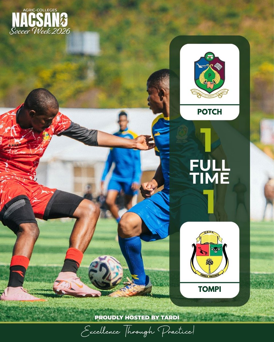 TARDI540202's tweet photo. FULL TIME β½
POTCH 1 - 1 TOMPI
Potch fights back to draw even in the second half! An electric, end-to-end clash ends in a 1-1 stalemate to close out Day 5 action π₯π―
What a way to finish today's fixtures!
#NACSANO2026 #SoccerWeek #APAC #FullTime #Day5 #TARDI https://t.co/cSnkl6qUqW