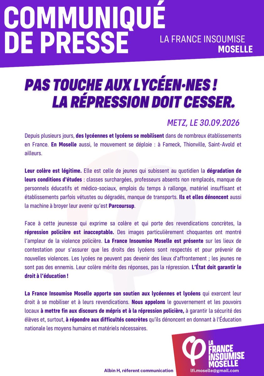 LFI_Fensch's tweet photo. 🚨 Pas touche aux lycéen•nes : la répression doit cesser !
#Fameck, #Thionville, #SaintAvold : la Moselle rejoint la colère du mouvement lycéen !
✊ LFI Moselle apporte son soutien à la lutte pour obtenir des moyens supplémentaires et améliorer les conditions d’études. https://t.co/QewohB63Tn