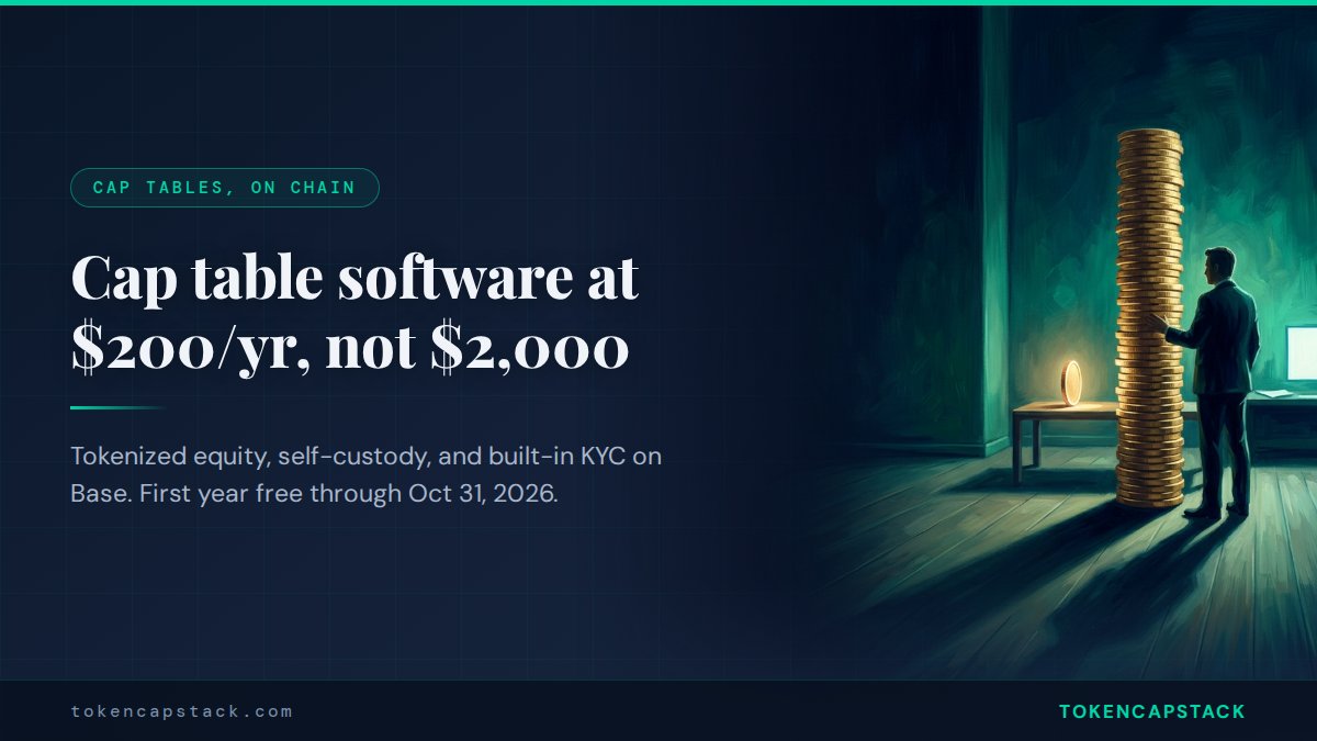 TokenCapStack's tweet photo. Cap table software shouldn't cost as much as a used car. TokenCapStack runs on Base at $200/yr instead of $2,000+. Tokenized equity, self-custody, built-in KYC, gasless deployment. First year free through Oct 31, 2026. https://t.co/NCL0JWO5DD