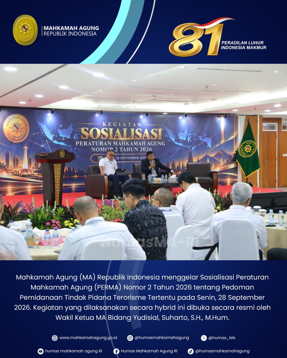 Humas_MA's tweet photo. SOSIALISASI PERMA 2/2026, LANGKAH MA WUJUDKAN KEADILAN DALAM PEMIDANAAN TERORISME

Berita selengkapnya silahkan klik https://t.co/E2O8Q33Mg0 atau kunjungi website resmi Mahkamah Agung RI di https://t.co/Jza3JsYw5Q untuk berita lainnya. 

#MahkamahAgungRI
#HumasMahkamahAgung https://t.co/cGj6fSlaV2