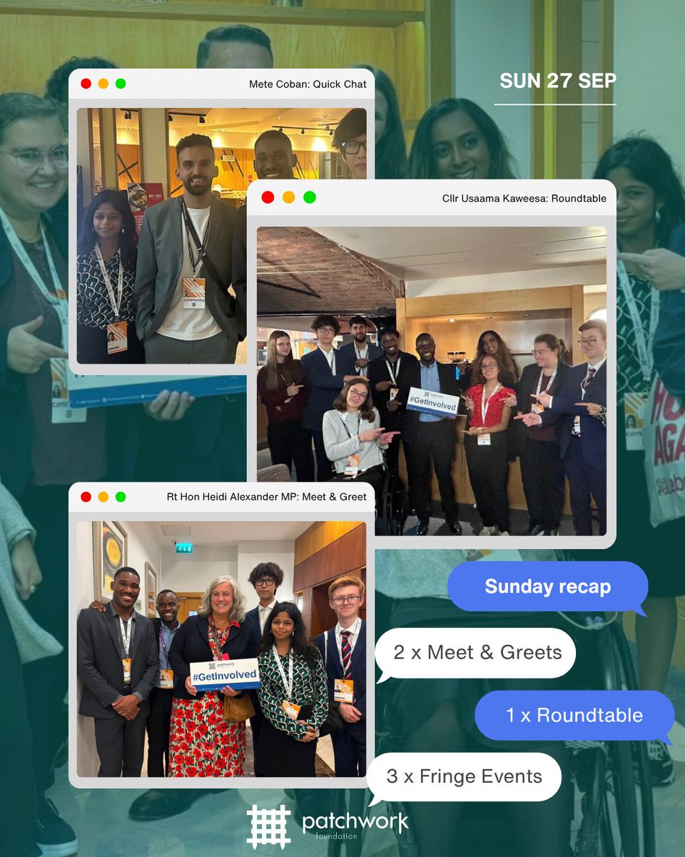UKPatchwork's tweet photo. 🎤 From the fringe to the front row. Three days at #Lab26 meeting ministers, MPs and mayors, plus the Leader's speech live in the hall. Here's how our Patchworkers made every moment count 👉

#PatchworkFoundation #GetInvolved #Lab26 https://t.co/ZQRv8gqf0C