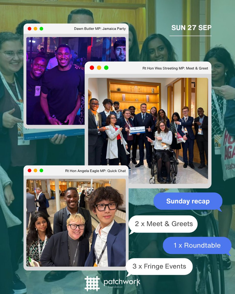 UKPatchwork's tweet photo. 🎤 From the fringe to the front row. Three days at #Lab26 meeting ministers, MPs and mayors, plus the Leader's speech live in the hall. Here's how our Patchworkers made every moment count 👉

#PatchworkFoundation #GetInvolved #Lab26 https://t.co/ZQRv8gqf0C