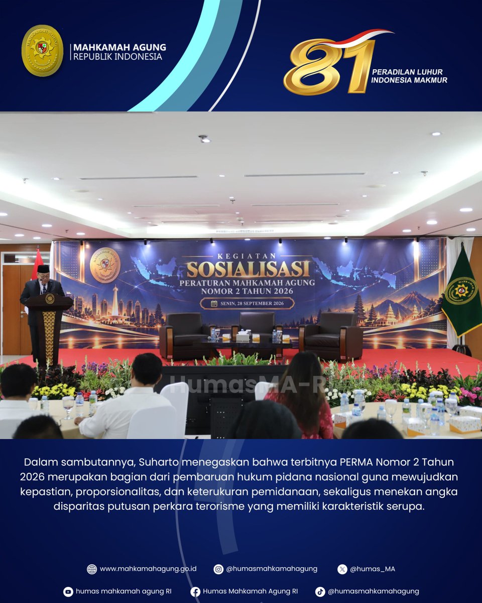 Humas_MA's tweet photo. SOSIALISASI PERMA 2/2026, LANGKAH MA WUJUDKAN KEADILAN DALAM PEMIDANAAN TERORISME

Berita selengkapnya silahkan klik https://t.co/E2O8Q33Mg0 atau kunjungi website resmi Mahkamah Agung RI di https://t.co/Jza3JsYw5Q untuk berita lainnya. 

#MahkamahAgungRI
#HumasMahkamahAgung https://t.co/cGj6fSlaV2