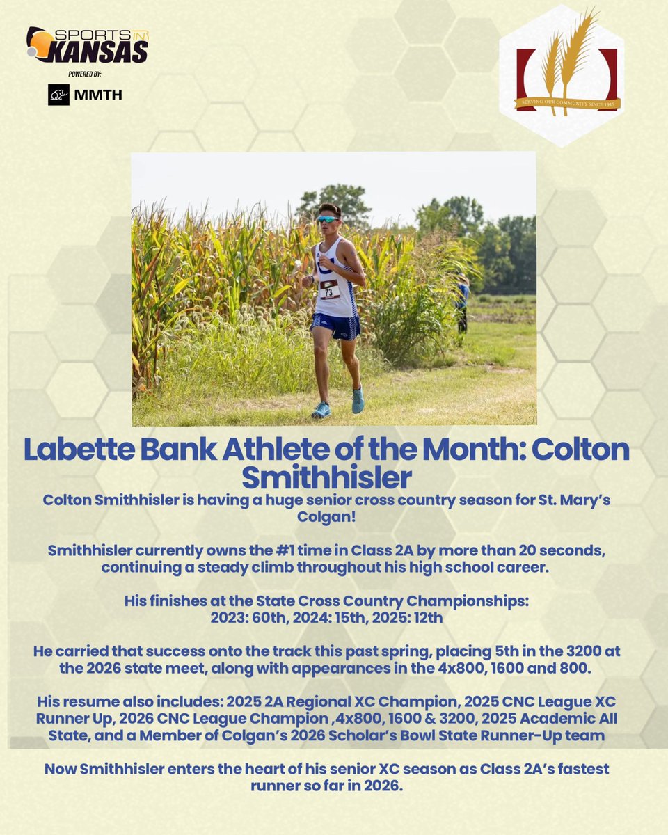 sportsinkansas's tweet photo. @labettebank Athlete of the month, Colton Smithhisler!

Colton Smithhisler is having a huge senior cross country season for St. Mary’s Colgan!

Smithhisler currently owns the #1 time in Class 2A by more than 20 seconds, continuing a steady climb throughout his high school career.

His finishes at the State Cross Country Championships:
2023: 60th, 2024: 15th, 2025: 12th

He carried that success onto the track this past spring, placing 5th in the 3200 at the 2026 state meet, along with appearances in the 4x800, 1600 and 800.

His resume also includes: 2025 2A Regional XC Champion, 2025 CNC League XC Runner-Up, 2026 CNC League Champion ,4x800, 1600 & 3200, 2025 Academic All-State, and a Member of Colgan’s 2026 Scholar’s Bowl State Runner-Up team

Now Smithhisler enters the heart of his senior XC season as Class 2A’s fastest runner so far in 2026.

Photo Credit: Jessi Reading 

#sportsinkansas