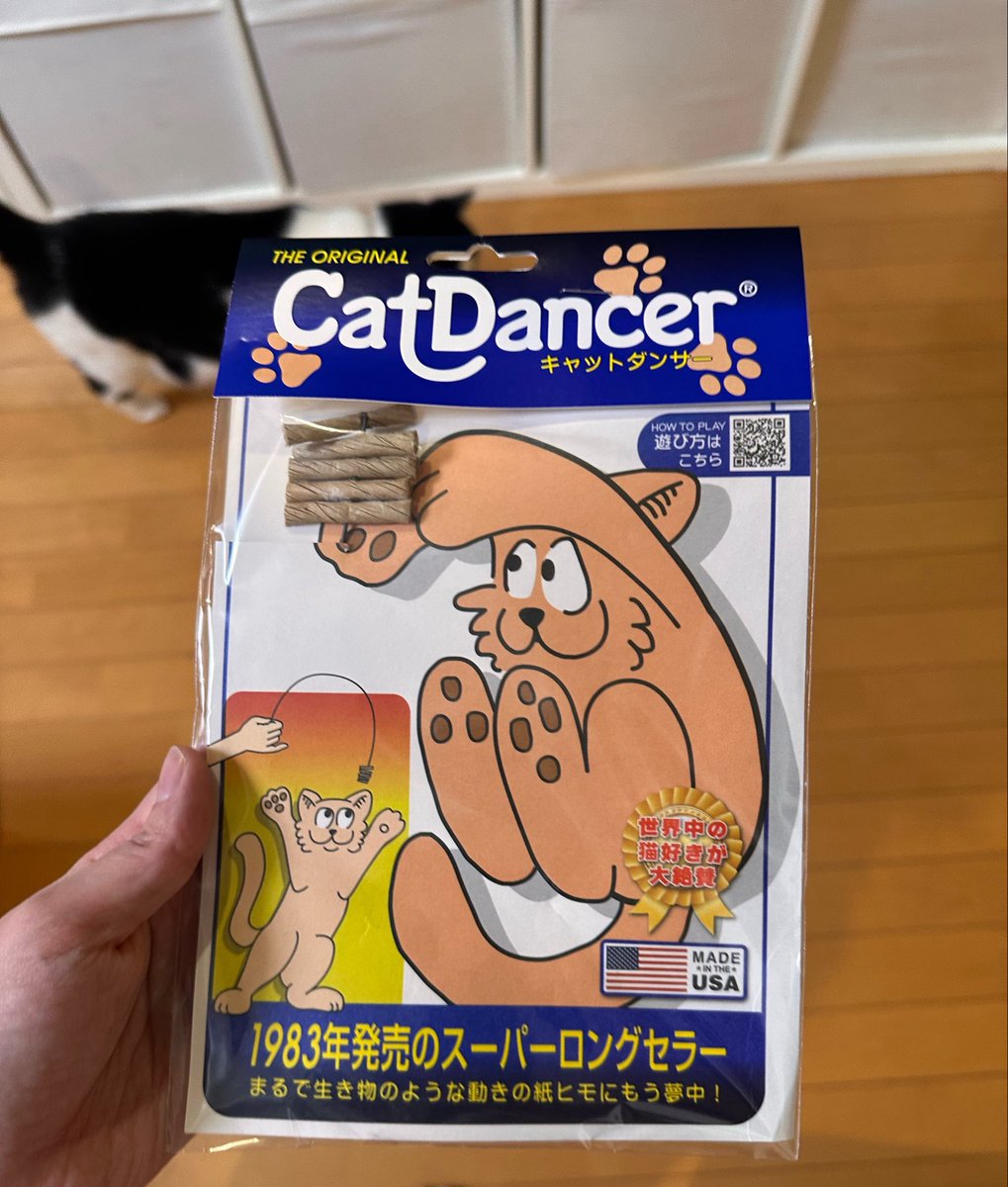 Buncho_Devil's tweet photo. 【昨日の日記】
ねこたちの新しいおもちゃが届いた。キャットダンサーズというピアノ線の先に紙筒がついただけのものなのだが、さすがスーパーロングセラー。大興奮のねこたち。パッケージのねこのキャラクターがとにかく良い。 https://t.co/T0WiMpyKeK