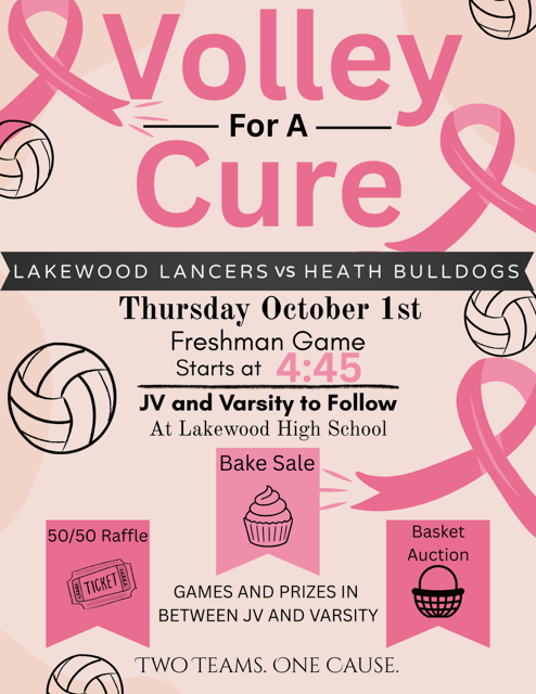 lakewoodlocalsd's tweet photo. 🎀 Volley for a Cure!  Join us as the Lakewood Lancers take on the Heath Bulldogs in support of breast cancer awareness!

📅 Thursday, October 1 
🕓 Freshman game starts at 4:45 PM
🏐 JV and Varsity to follow
📍 Lakewood High School

@LWHSLancers https://t.co/Fzry3zqJkN