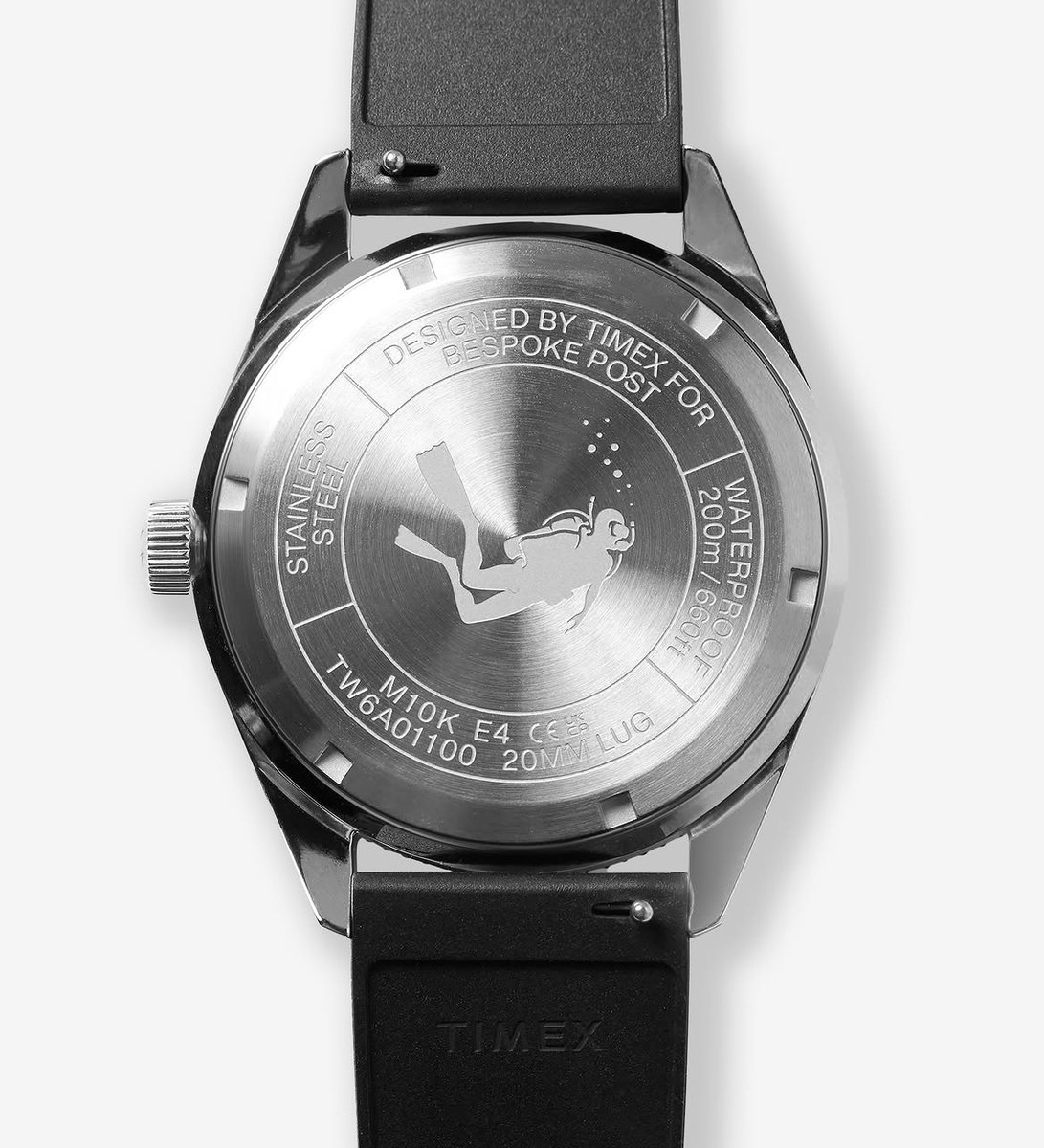 timex's tweet photo. Pulled from the Timex archives and reimagined with Bespoke Post, the Bespoke Post x Timex Heritage 66 takes its cues from the 1966 Timex Skin Diver. With 200m water resistance, a rotating aluminum top ring, and two interchangeable straps, it’s finished with Bespoke Post branding on the crown and a skin diver silhouette on the case back.

Shop the watch: https://t.co/MhkUWYzoN8

#timex #analoglife @bespokepost