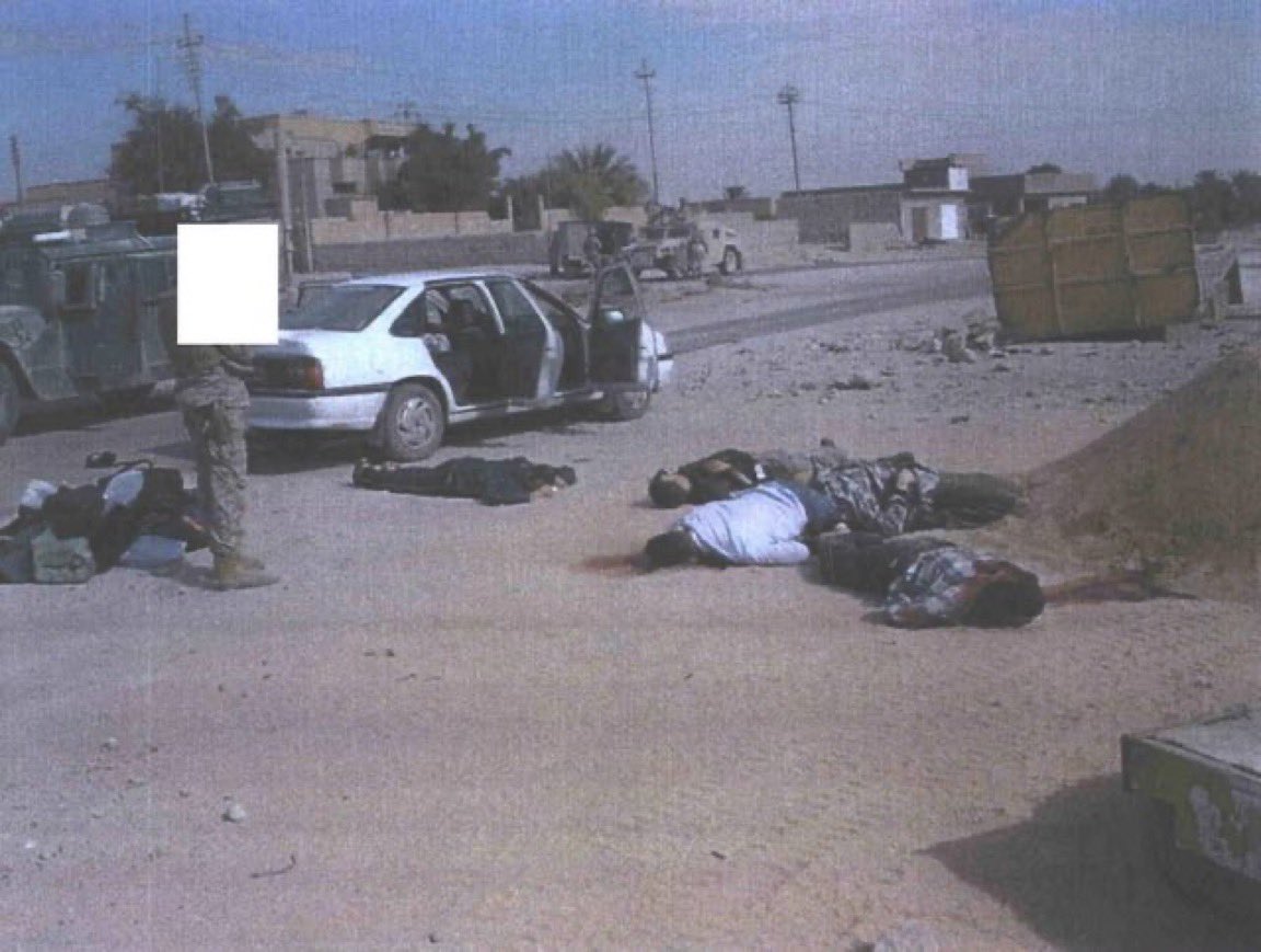 GUnderground_TV's tweet photo. US troops leave Iraq after occupying it for 23 years, a reminder of one of their worst war crimes: 

On the morning of November 19th, 2005, a squad of Marines was travelling in 4 Humvees down a road in the town of Haditha, Iraq, when their convoy hit an IED The blast killed one Marine. 

What would follow would be one of the worst atrocities of the Iraq War, as the US Marines carried out a gruesome massacre against the civilians of Haditha. 

The Marines killed 24 Iraqi men, women, and children. Near the site of the explosion, they shot 5 men who had been driving to a college in Baghdad. They entered three nearby homes and shot almost everyone inside. The youngest victim was a girl who was just 3-years-old. 

Michael Hagee, the Marine Corps Commandant at the time of the massacre bragged that the press had not managed to get a hold of the images and publish them. 

After years of legal battles, the families of the victims finally attained the photos of the massacre and agreed to allow The New Yorker to publish some of the horrifying images.