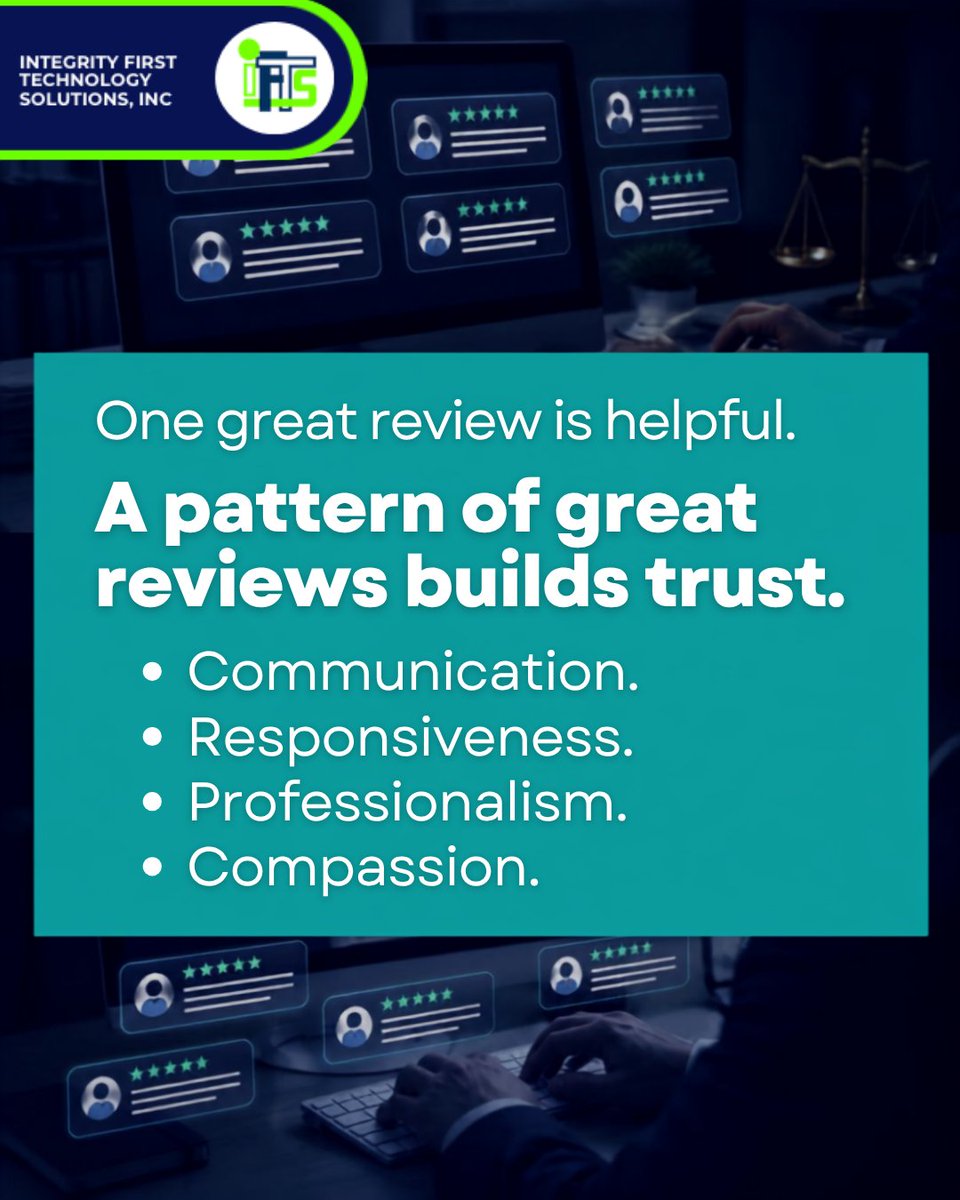 IFTSDesign's tweet photo. Multiple recent reviews mentioning communication, responsiveness &amp; professionalism build a stronger picture than one testimonial. More ways reviews help: https://t.co/6k1zmDhVTU #LawFirmMarketing https://t.co/y8NDiIpb3T