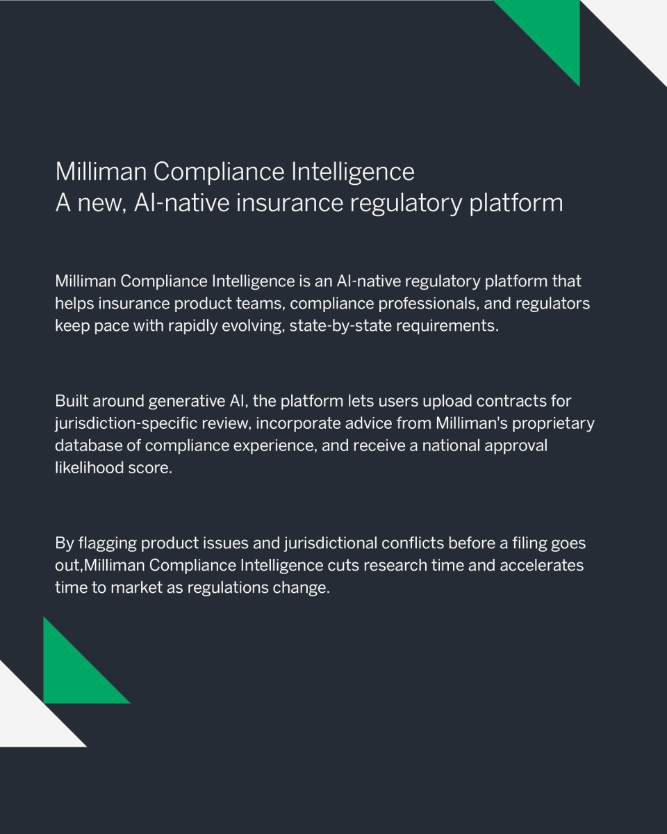 millimaninsight's tweet photo. Milliman releases Milliman Compliance Intelligence, an AI-native insurance regulatory platform. 

Learn more in our press release: https://t.co/nwvtXZqDMf

#Milliman #MillimanAISolutions #InsureTech https://t.co/yoqQHhyl8Z