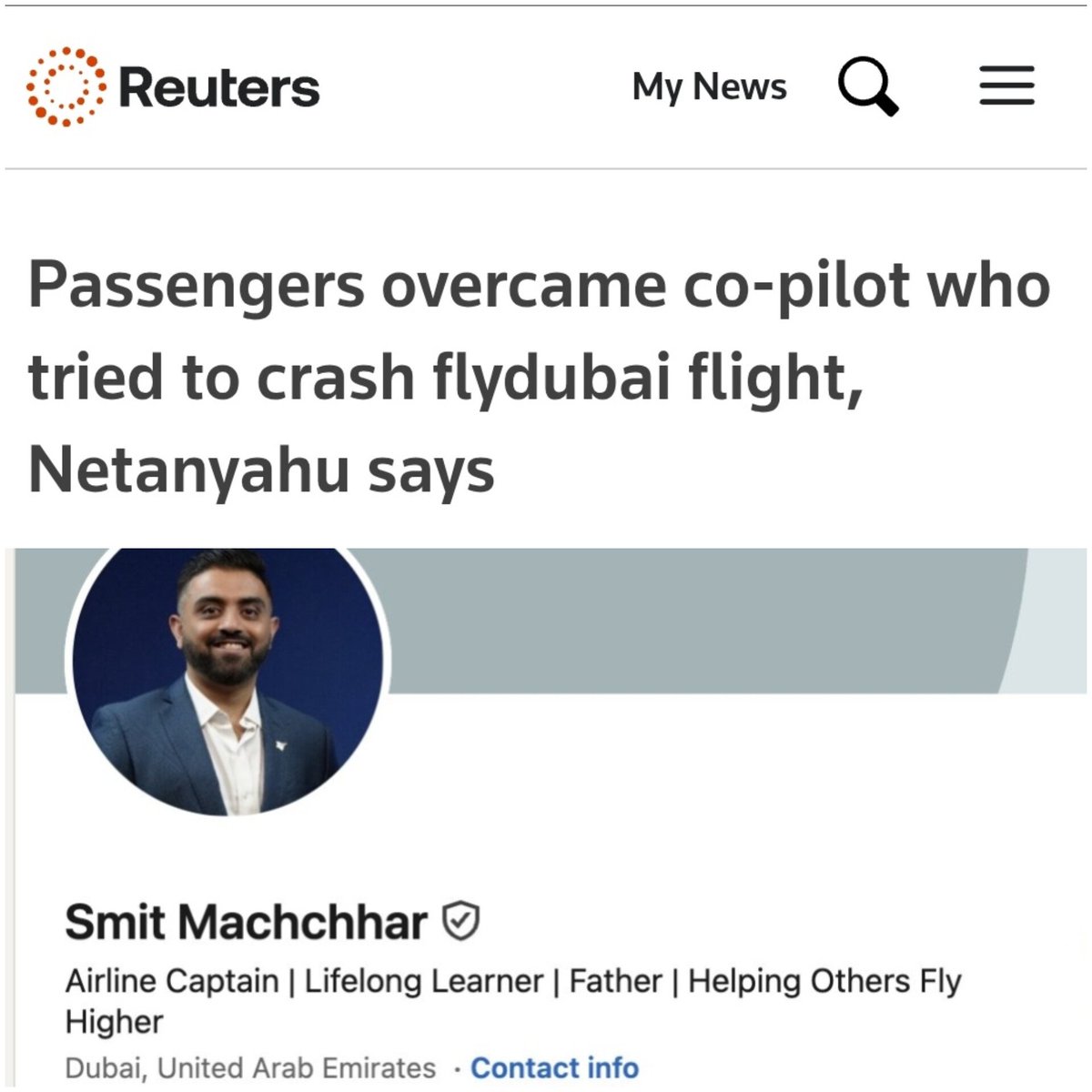 total_woke_'s tweet photo. A pro Palestine Omani Muslim terrorist pilot tried to crash a Flydubai plane

Indian pilot fought off the Islamic terrorist despite being stabbed by the Muslim

Saved the lives of 200 people

Nobody with Palestine flag in bio should get any security clearance. They are all terrorists, it's a matter of time.