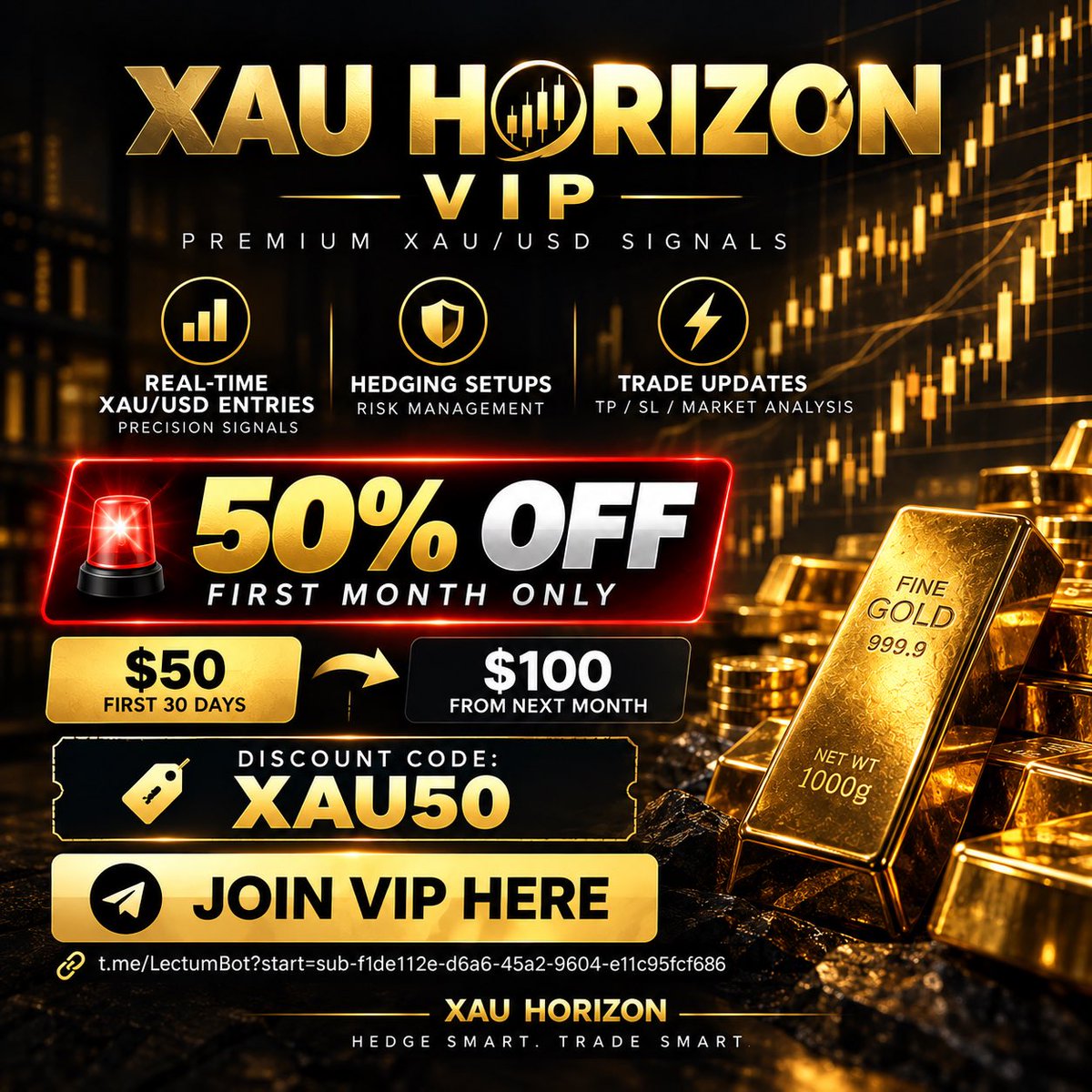 dgx223's tweet photo. 🔥 XAU HORIZON VIP — 50% OFF

For a limited time, join VIP for just $50 for your first 30 days. 💎

📊 Real-time XAU/USD entries
🛡️ Hedging setups
⚡ Trade updates

🚨 50% OFF FIRST MONTH ONLY
From next month: $100/month

🔠Discount Code: XAU50

👉 JOIN VIP HERE
⁠https://t.co/V9r5g2IsYX

🥇 XAU HORIZON
HEDGE SMART. TRADE SMART.