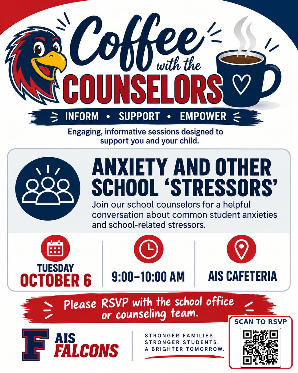 AFalconFacts's tweet photo. AIS FAMILIES:
Join our school counselors on October 6 for an engaging and informative conversation about anxiety and others common stressors affecting students.

This is an opportunity to ask questions and gain helpful strategies to support your child. https://t.co/gUUfDVDwgB