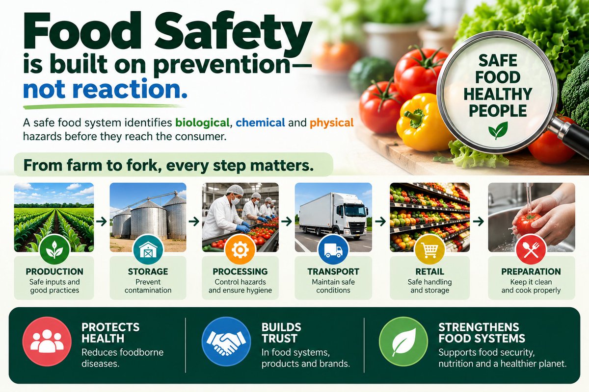 InamSci's tweet photo. Food safety is built on prevention—not reaction.

A safe food system identifies biological, chemical and physical hazards before they reach the consumer.

From farm to fork, every step matters.

#FoodSafety #FoodScience #FoodQuality https://t.co/6fxZvoZxvm